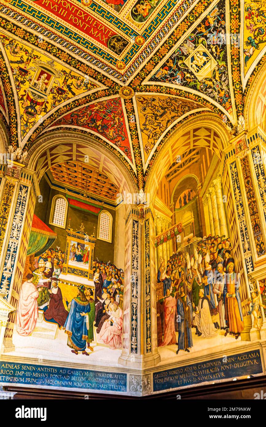 Dekorativ bemalte gewölbte Bögen, Kathedralenbibliothek, Siena, Toskana, Italien Stockfoto