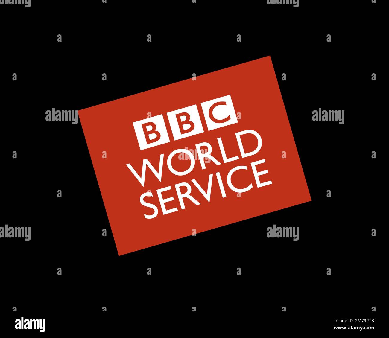 BBC World Service, gedrehtes Logo, schwarzer Hintergrund Stockfoto