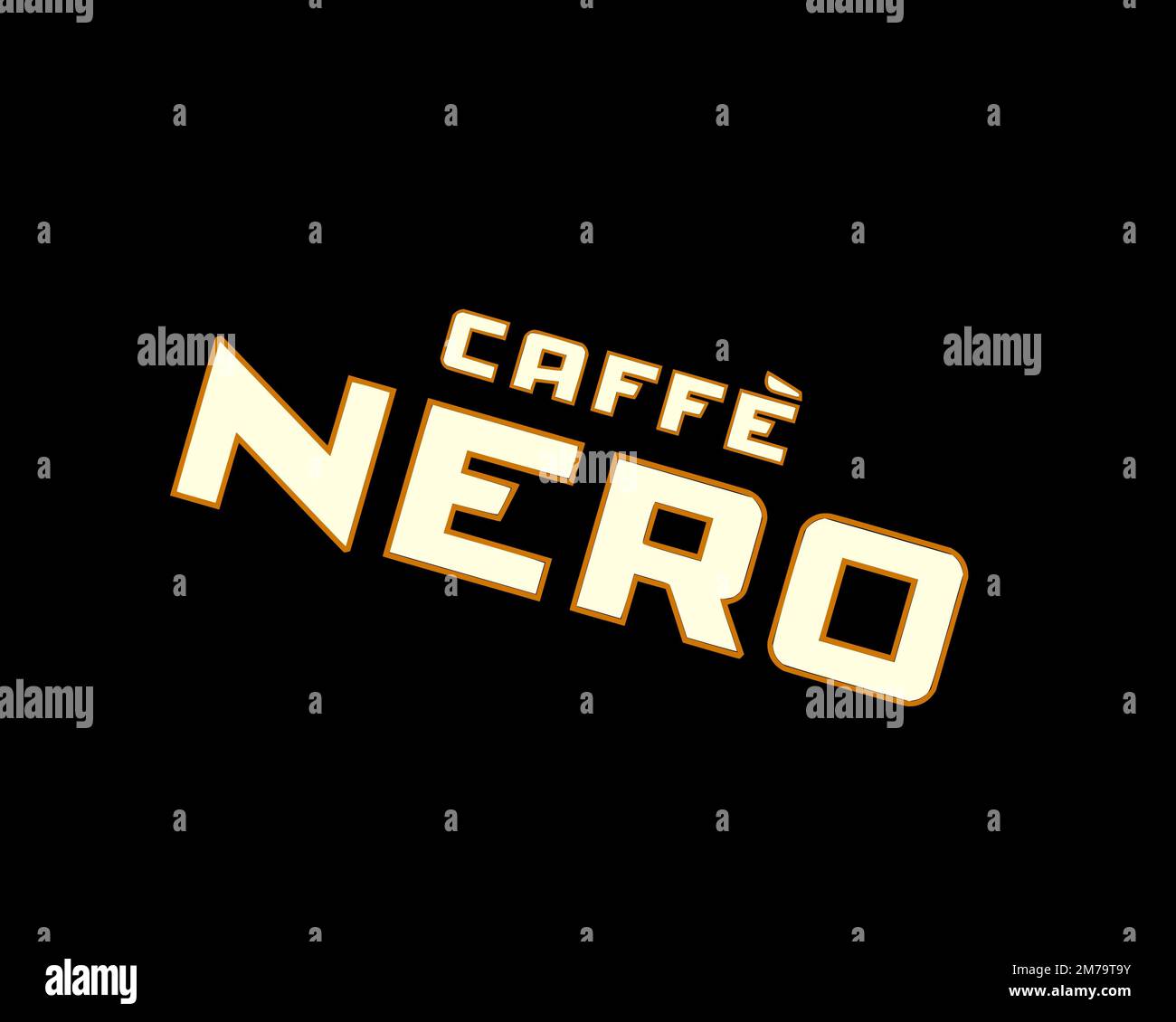 Caffe Nero, gedrehtes Logo, schwarzer Hintergrund B Stockfoto
