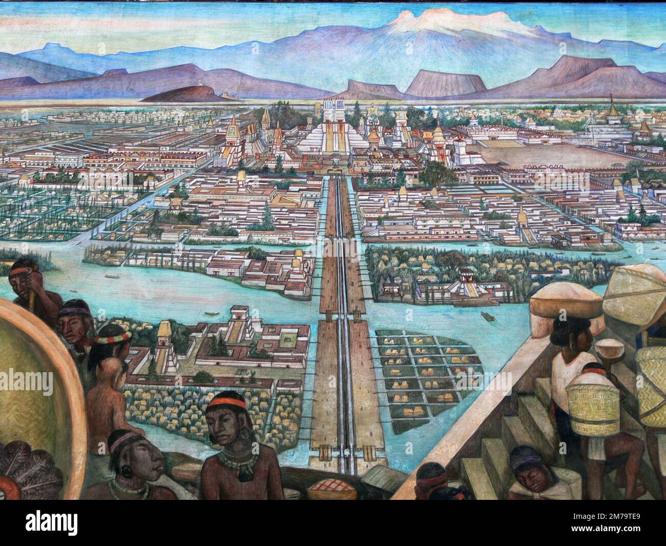 Wandgemälde der aztekischen Stadt Tenochtitlan, Gemälde von Diego Rivera Stockfoto