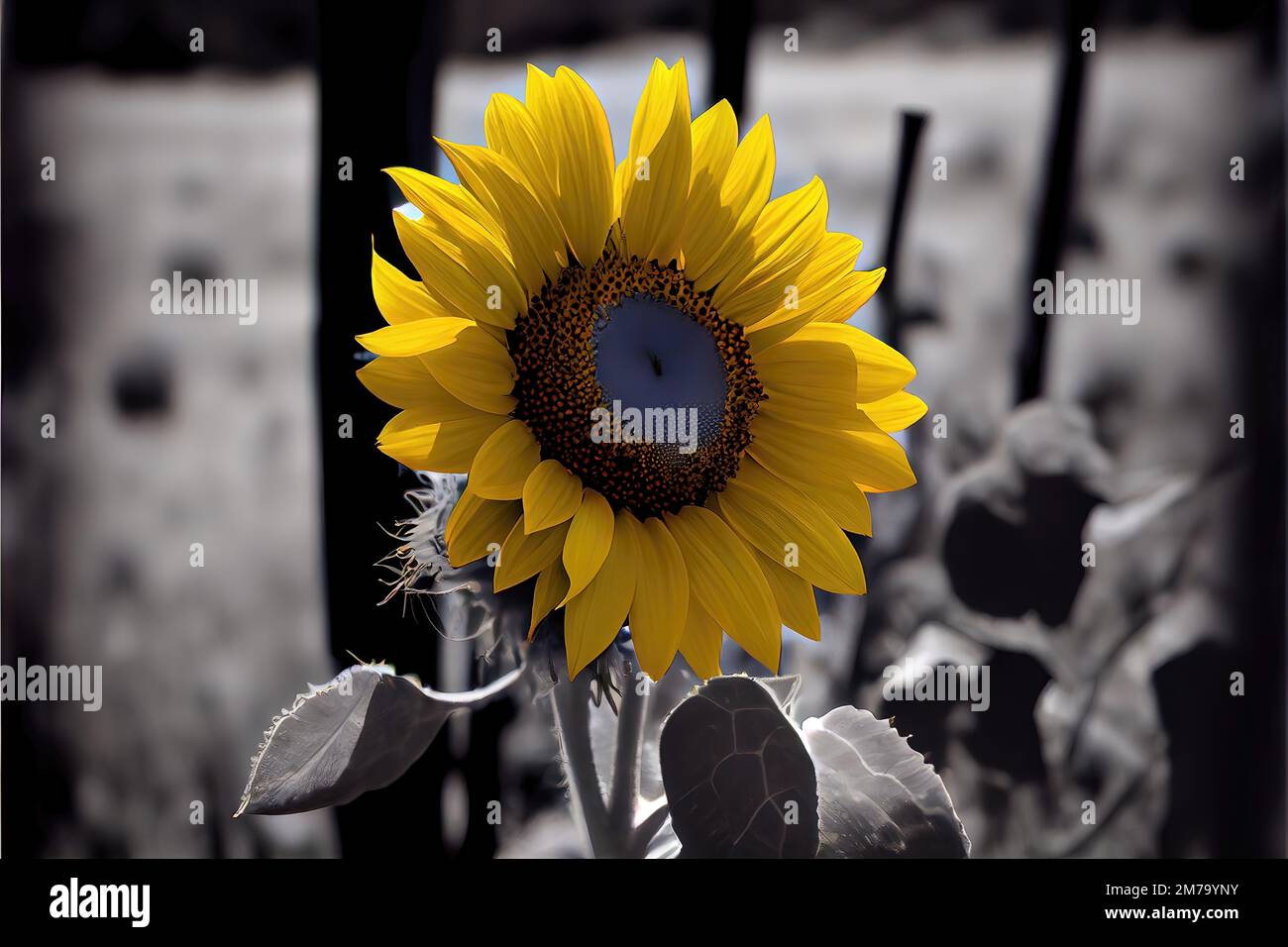 Selektives Farbbild einer hellen und lebendigen Sonnenblume auf grauem Hintergrund. Natürliche Schönheit, die wie ein fotorealistisches Naturfoto aussieht. Generat Stockfoto