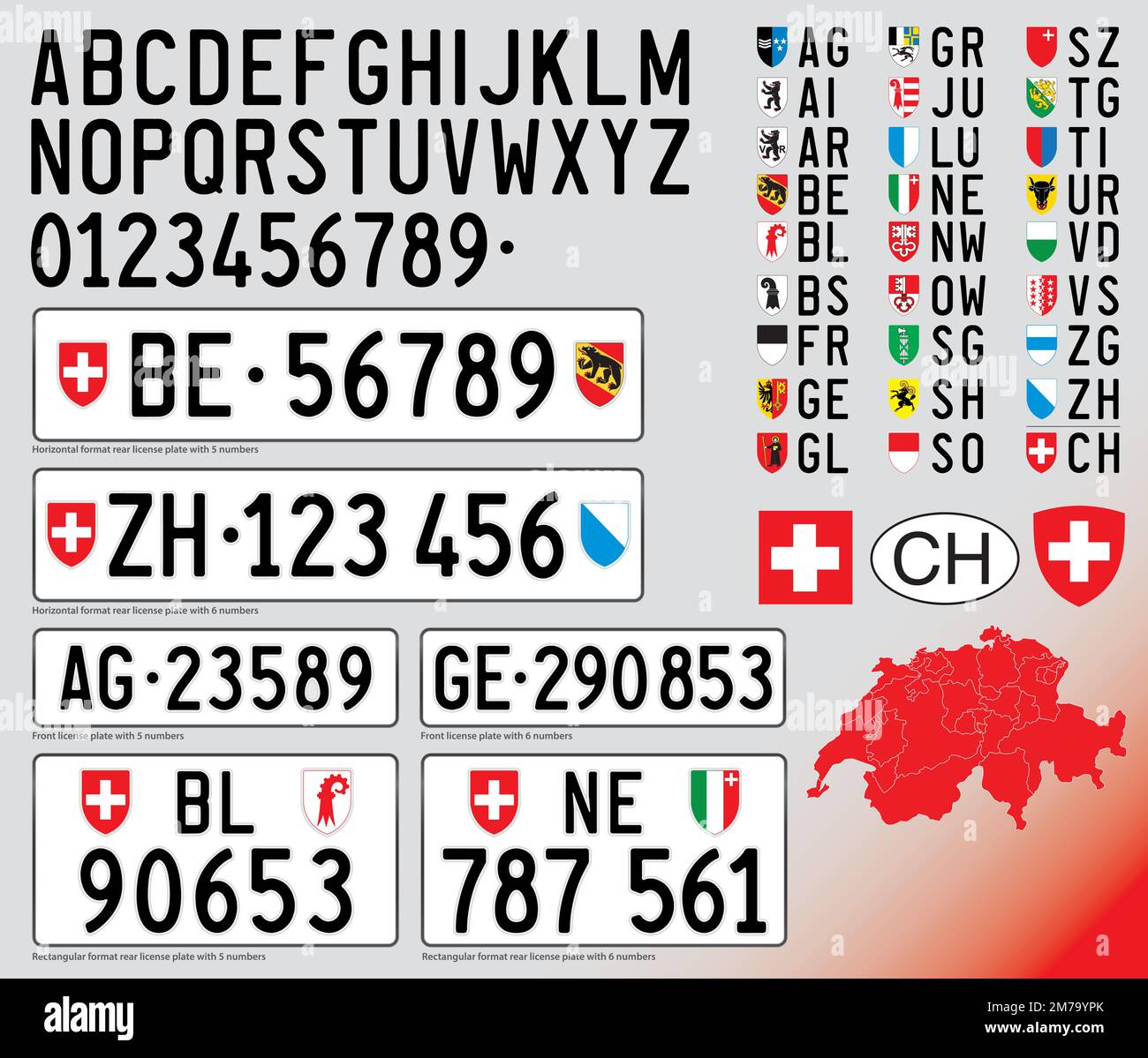 Autokennzeichen Schweiz, europäisches Land, Buchstaben, Zahlen und Symbole, Vektordarstellung Stock Vektor
