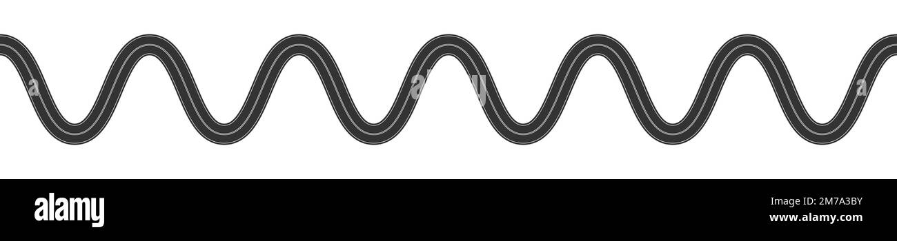 Leere Schlangenstraße mit Markierung. Element der kurvenreichen Fahrbahn auf weißem Hintergrund isoliert.Draufsicht. Vorlage für nahtlose Waving Highway. Flache Vektordarstellung Stock Vektor