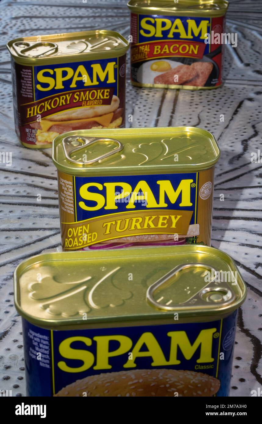 Dosen von Spam Luncheon Meat, USA Stockfoto