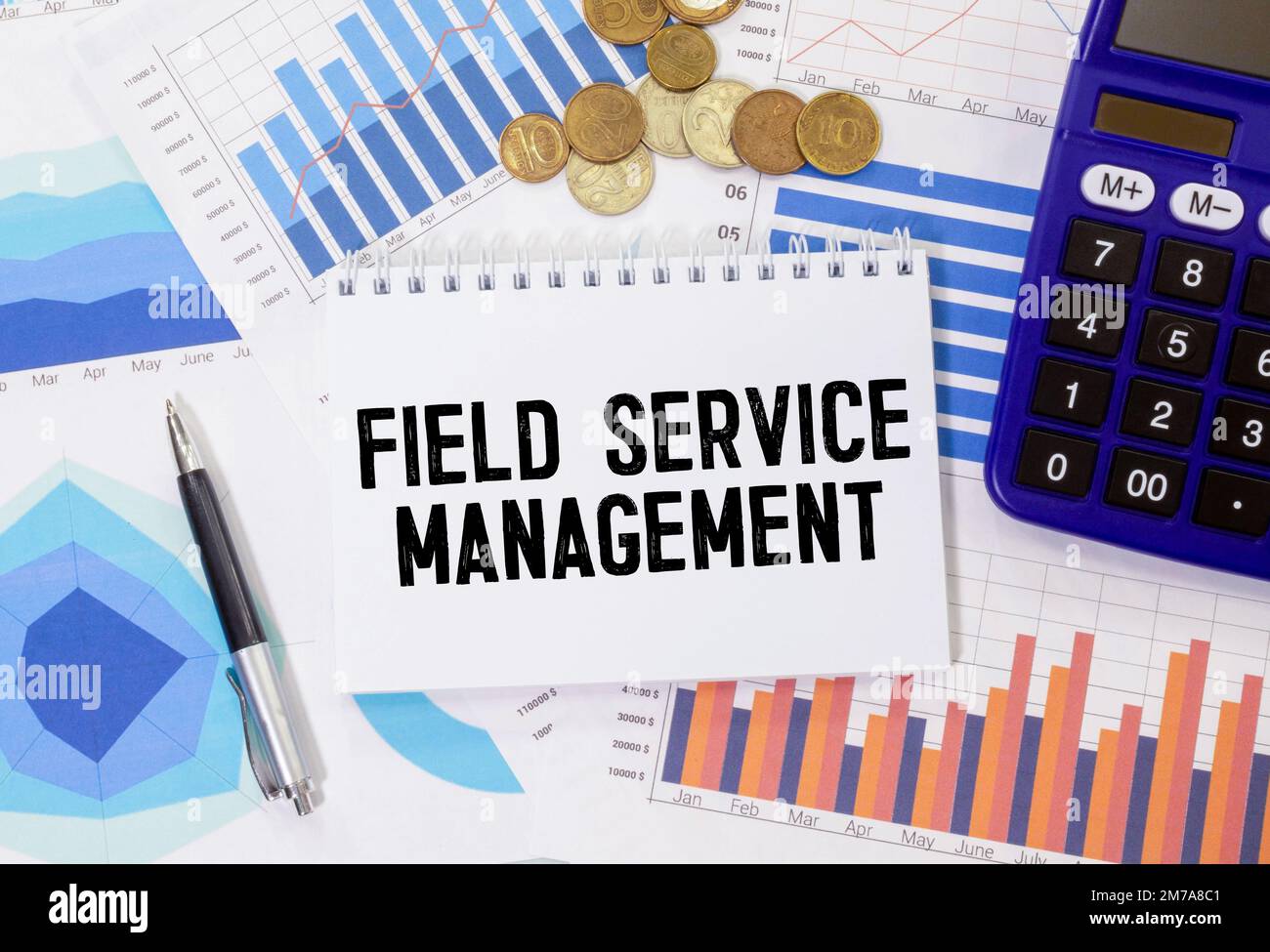 Hellen Sie Holzblöcke und -Würfel auf hellblauem Hintergrund mit dem Text FSM Field Service Management Stockfoto