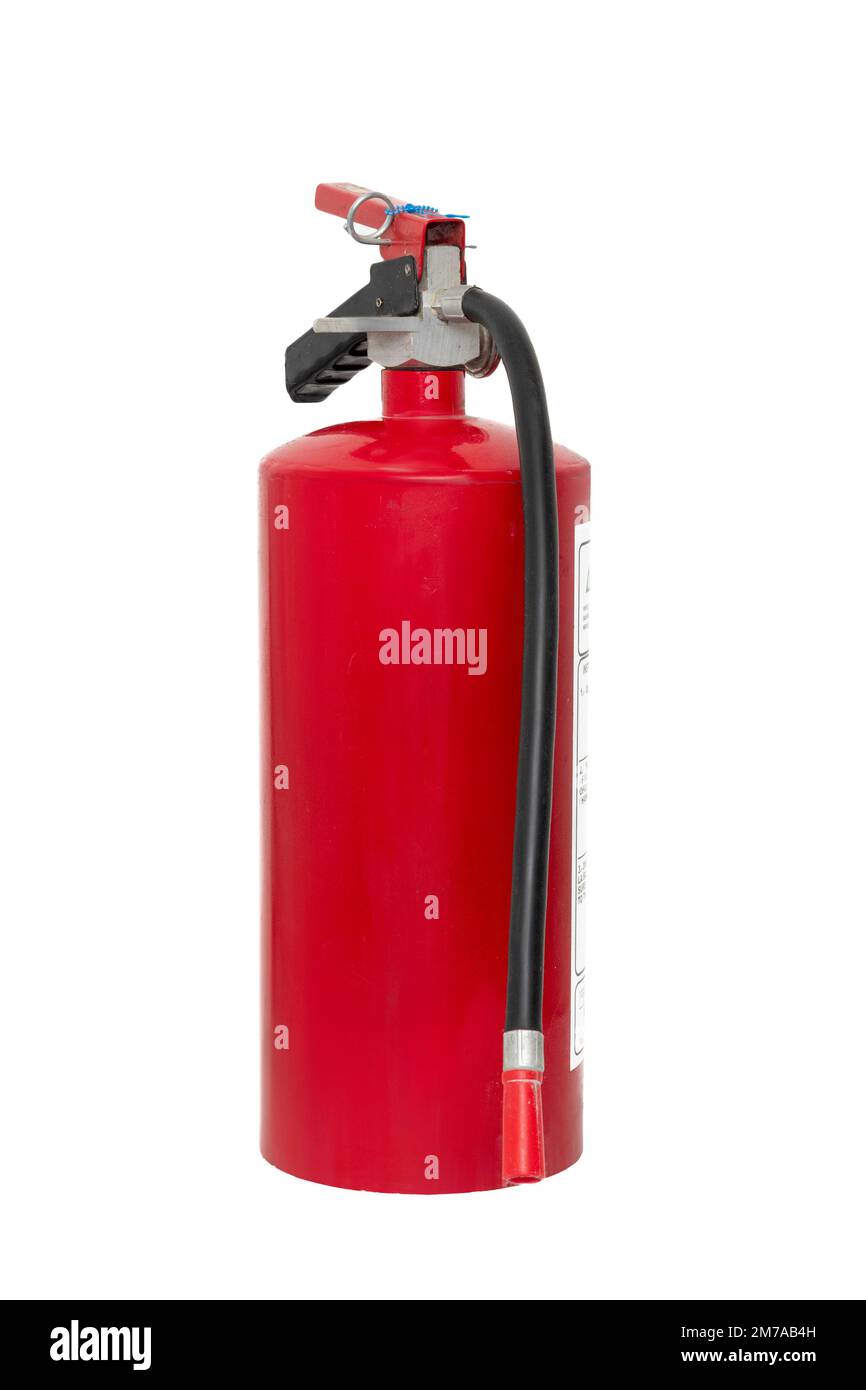 Roter Feuerlöscher, ohne Etikett und mit weißem Hintergrund. Stockfoto