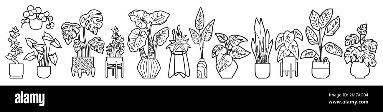 Gegossene Pflanze, dekoratives Kritzelstickerset. Exotische Zimmerpflanzen Blumentopf für den Innenbereich. Botanische Innenblütenpflanzen im Topf, lineare Topfkeramik. Isolierter Dschungelskizzenvektor Stock Vektor