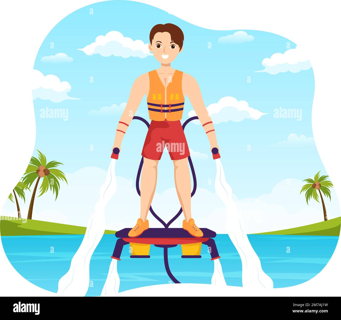 Flyboard Illustration with People Riding Jet Pack in Summer Beach Vacations in Flat Extreme Water Sport Activity Cartoon handgezeichnete Vorlagen Stock Vektor