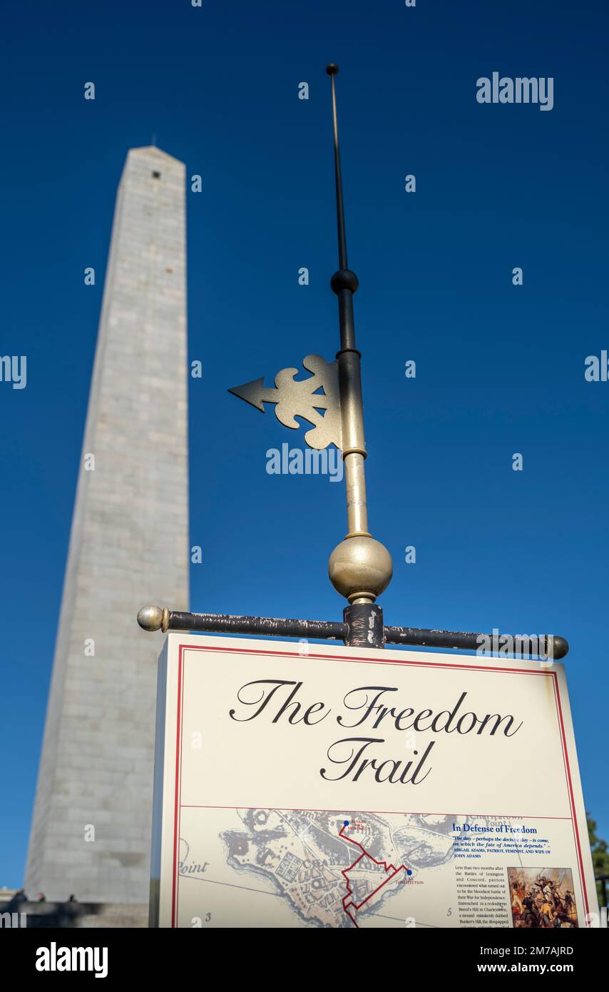 ein schild mit Karte und Wegbeschreibung des Freedom Trail in Boston vom Bunker Hill zum Boston Common mit dem Bunker Hill Monument im Hintergrund Stockfoto