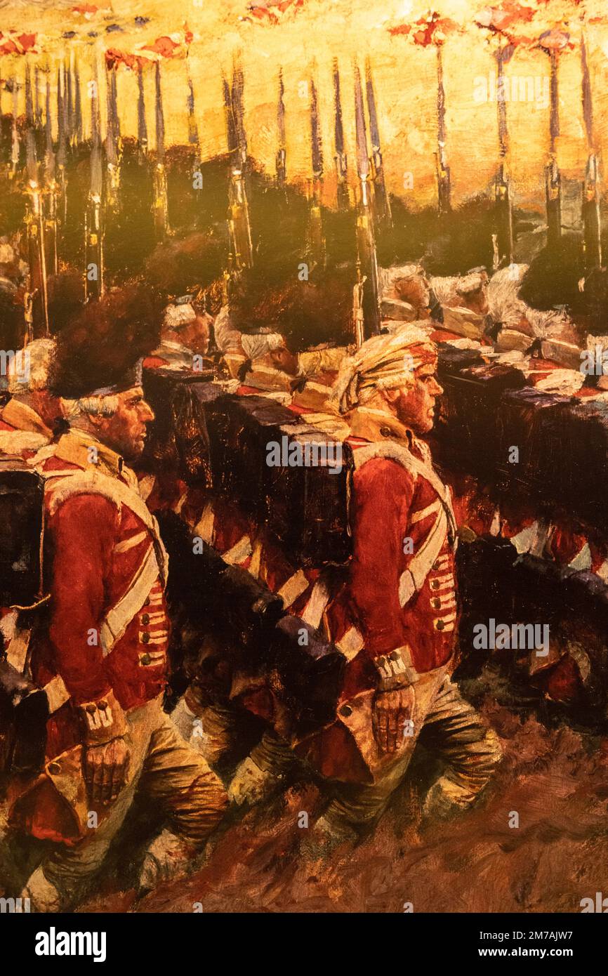 Gemälde britischer Soldaten oder Rotmäntel, die in der Schlacht von Bunker Hill im Bunker Hill Museum in Schlange stehen Stockfoto