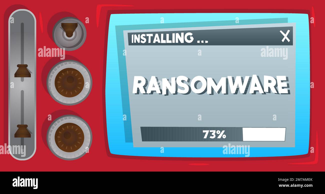 Cartoon Computer mit dem Wort Ransomware. Meldung eines Bildschirms, der ein Installationsfenster anzeigt. Stock Vektor