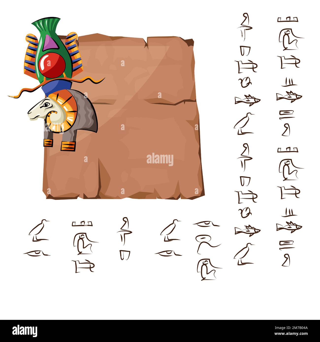 Alte ägyptische Papyrus- oder Steinsäule mit Rammbock-Karikatur-Vektordarstellung. Altes Papier mit Hieroglyphen zur Speicherung von Informationen, ägyptisches Kultursymbol, isoliert auf weißem Hintergrund Stock Vektor