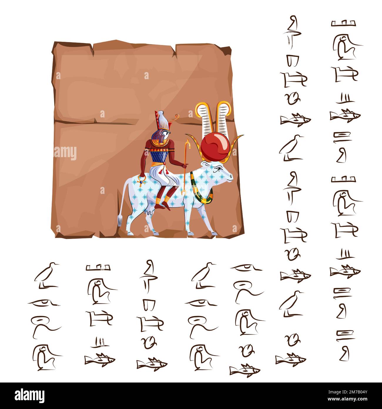 Das antike ägyptische Papyrus oder der Steincartoon-Vektor mit Hieroglyphen und religiösen Symbolen der ägyptischen Kultur, Ra sitzt auf einer weißen, mit Sternen bedeckten Kuh zurück, Ra geht zum Himmel, Legende Stock Vektor