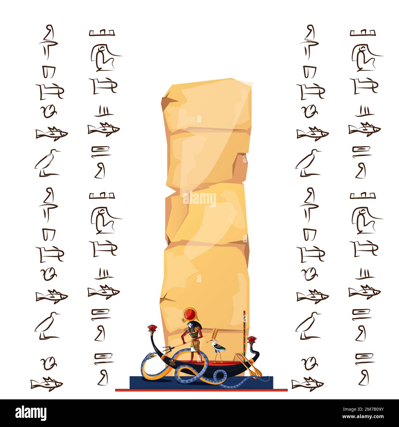 Der alte ägyptische Papyrus-Cartoon-Vektor mit Hieroglyphen und ägyptischen Kultursymbolen, Ra, sonnengott bei Nacht segelt im Boot auf einem unterirdischen Fluss und kämpft mit dem Chaos gott Schlange Apophis Stock Vektor