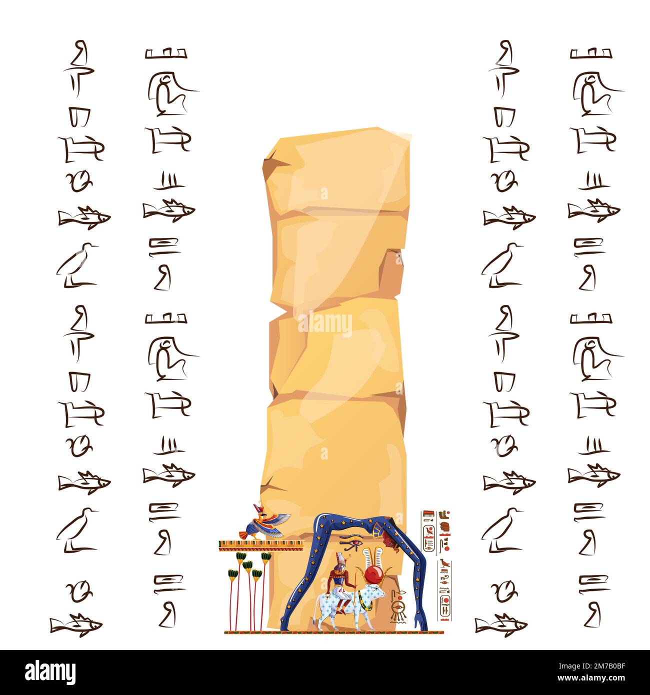 Das antike ägyptische Papyrus oder der Stein-Cartoon-Vektor mit Hieroglyphen und religiösen Symbolen der ägyptischen Kultur, Ra sitzt auf der Kuh zurück, über ihr in Form der Nachthimmel-Göttin Nut, Ra, die zur Himmelslegende abfährt Stock Vektor