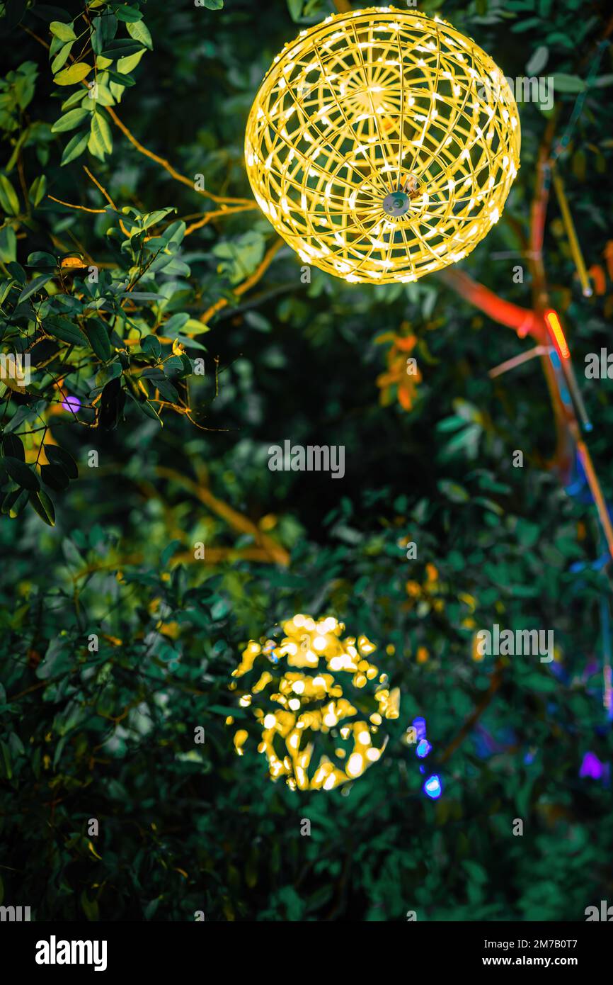 LED-Lichter an den Bäumen im Garten. Neon-Feen-Party. Stockfoto