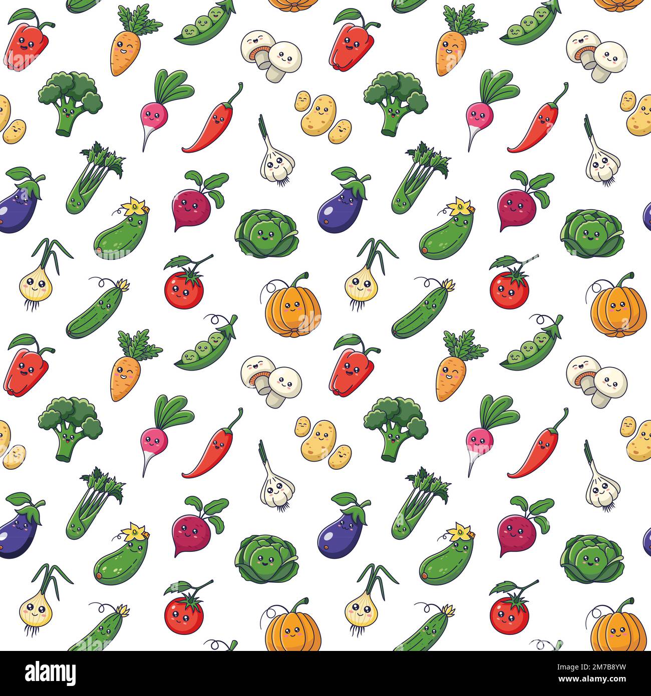 Nahtloses Gemüse-Muster mit Kawaii-Zeichen auf weißem Hintergrund. Perfekt für Veganer, Vegetarier, Tapeten, Essensgegenstände, Stoff, Geschenkpapier, Textil. Illustration des Zeichentrickvektors. Stock Vektor