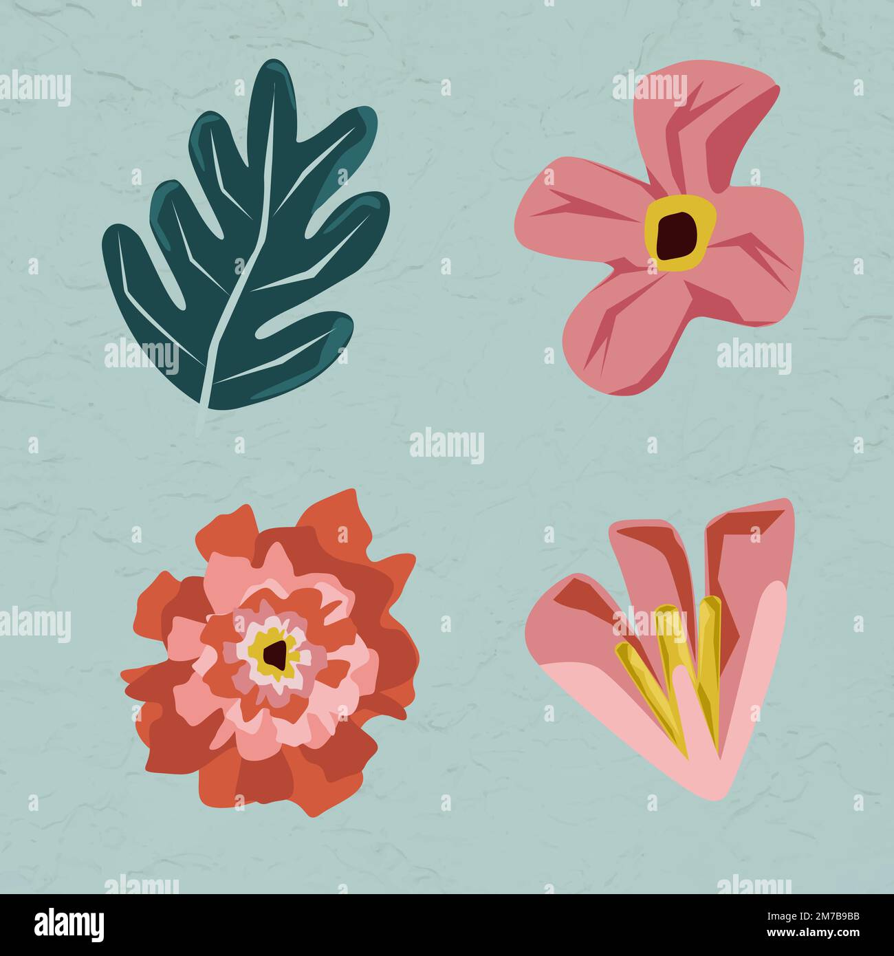 Rosa Blumen und Blätter Element auf einem grünen Hintergrund Vektor gesetzt Stock Vektor