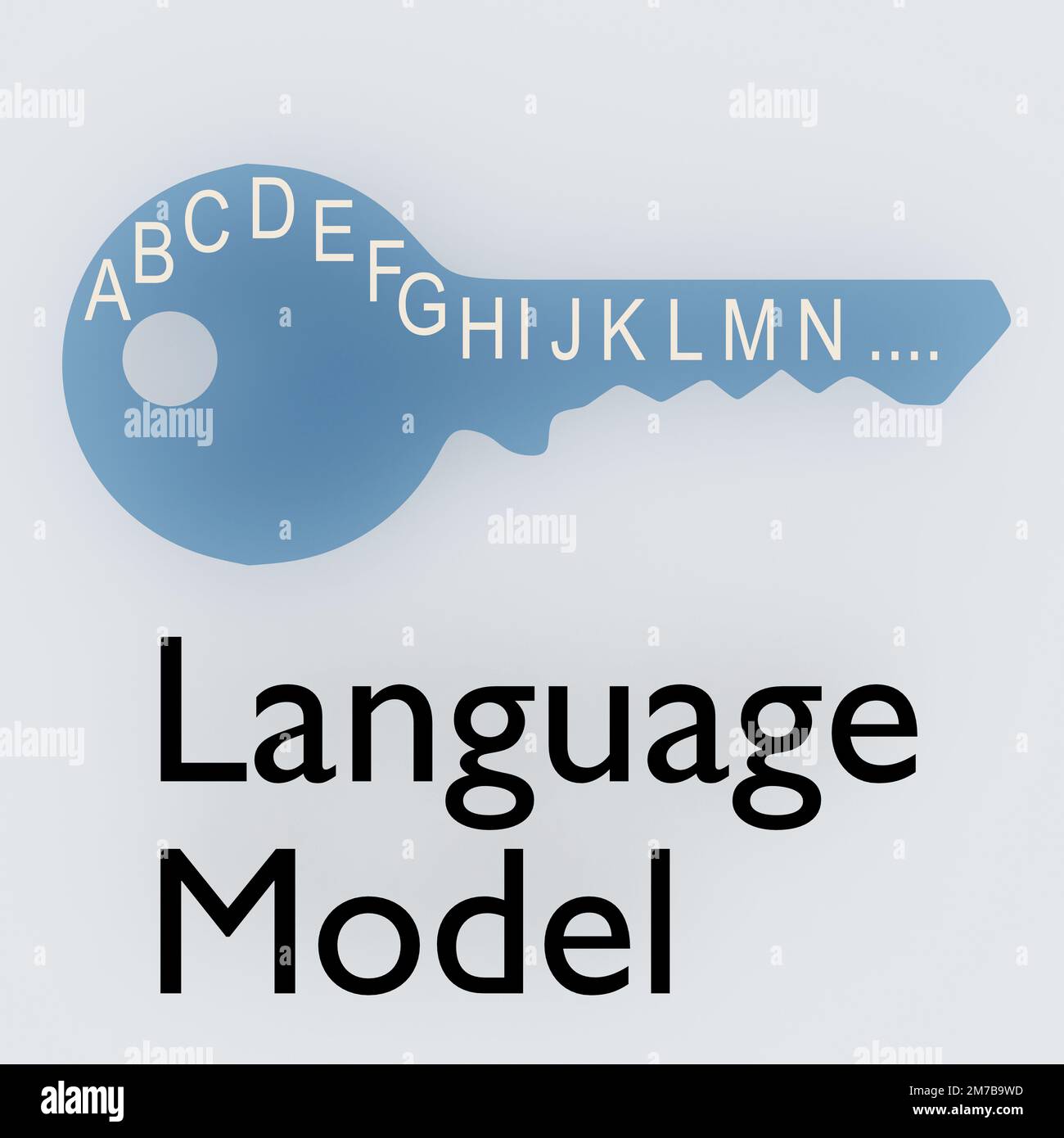 3D Abbildung der ersten 14 Buchstaben des englischen Alphabets, die auf einer yale-Taste mit dem Titel „Sprachmodell“ und isoliert auf hellblauem Hintergrund angezeigt werden. Stockfoto