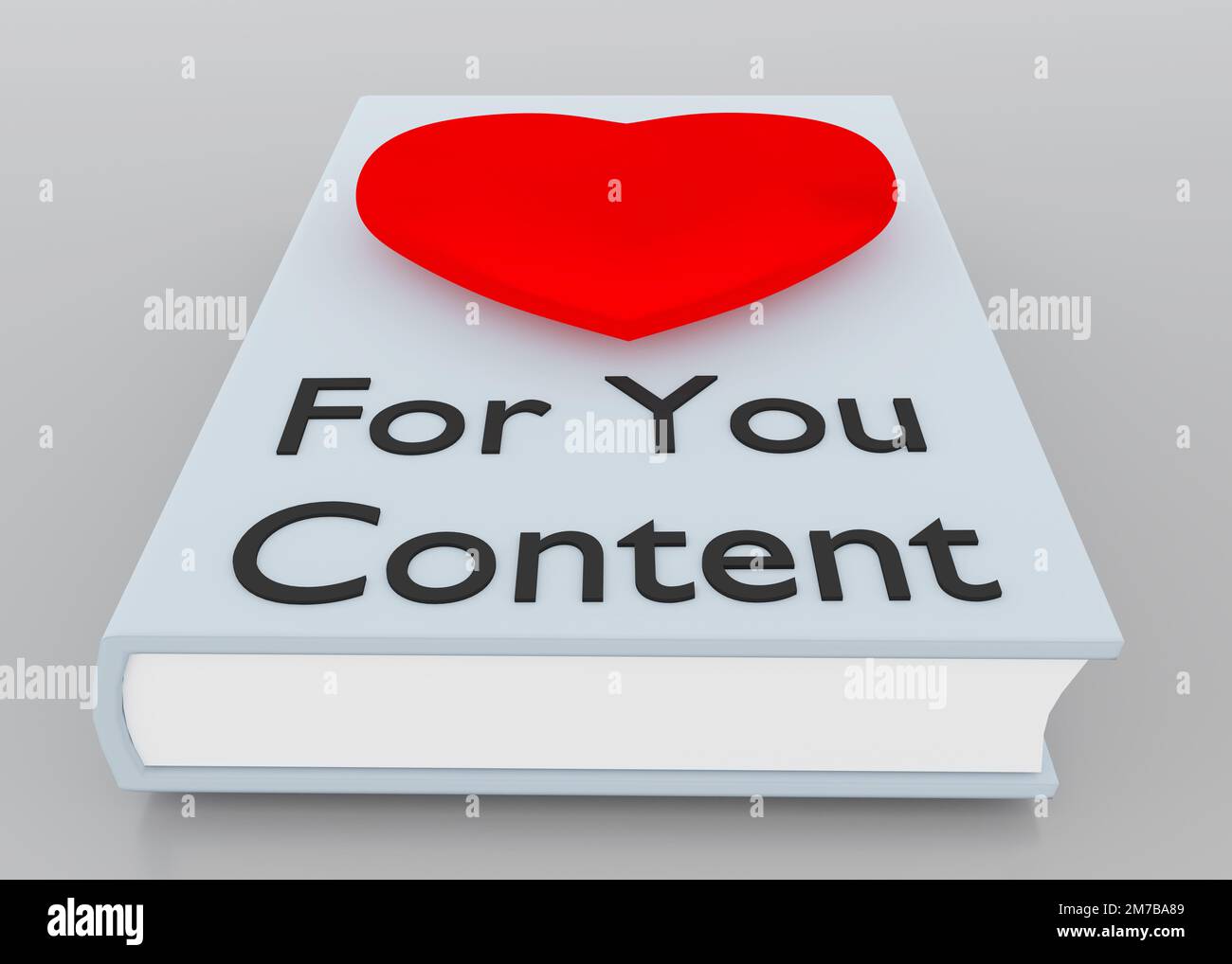 3D Abbildung eines roten Herzens auf Buch mit Inhalt für Sie, isoliert über hellgrauem Hintergrund. Stockfoto