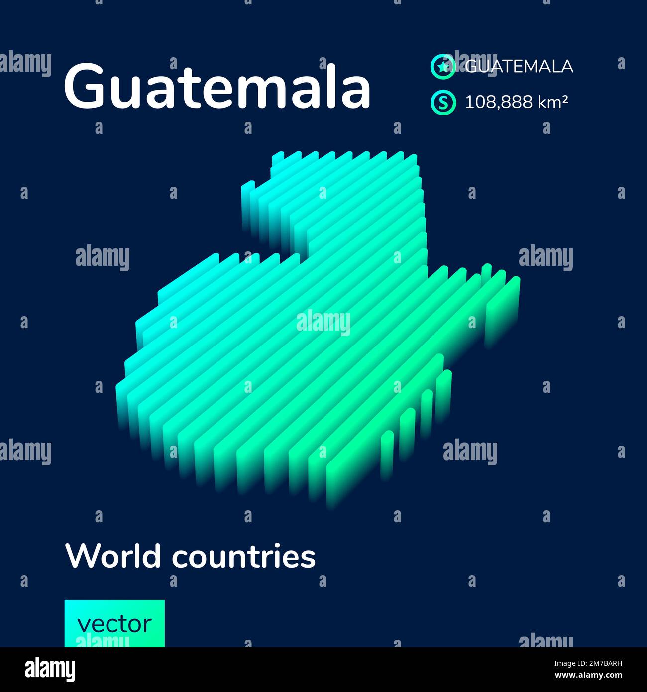 Guatemala 3D-Karte. Stilisierte Neon einfache digitale isometrische gestreifte Vektor Karte von Guatemala ist in Grün, Türkis und Mintfarben auf dem dunkelblauen Hintergrund Stock Vektor