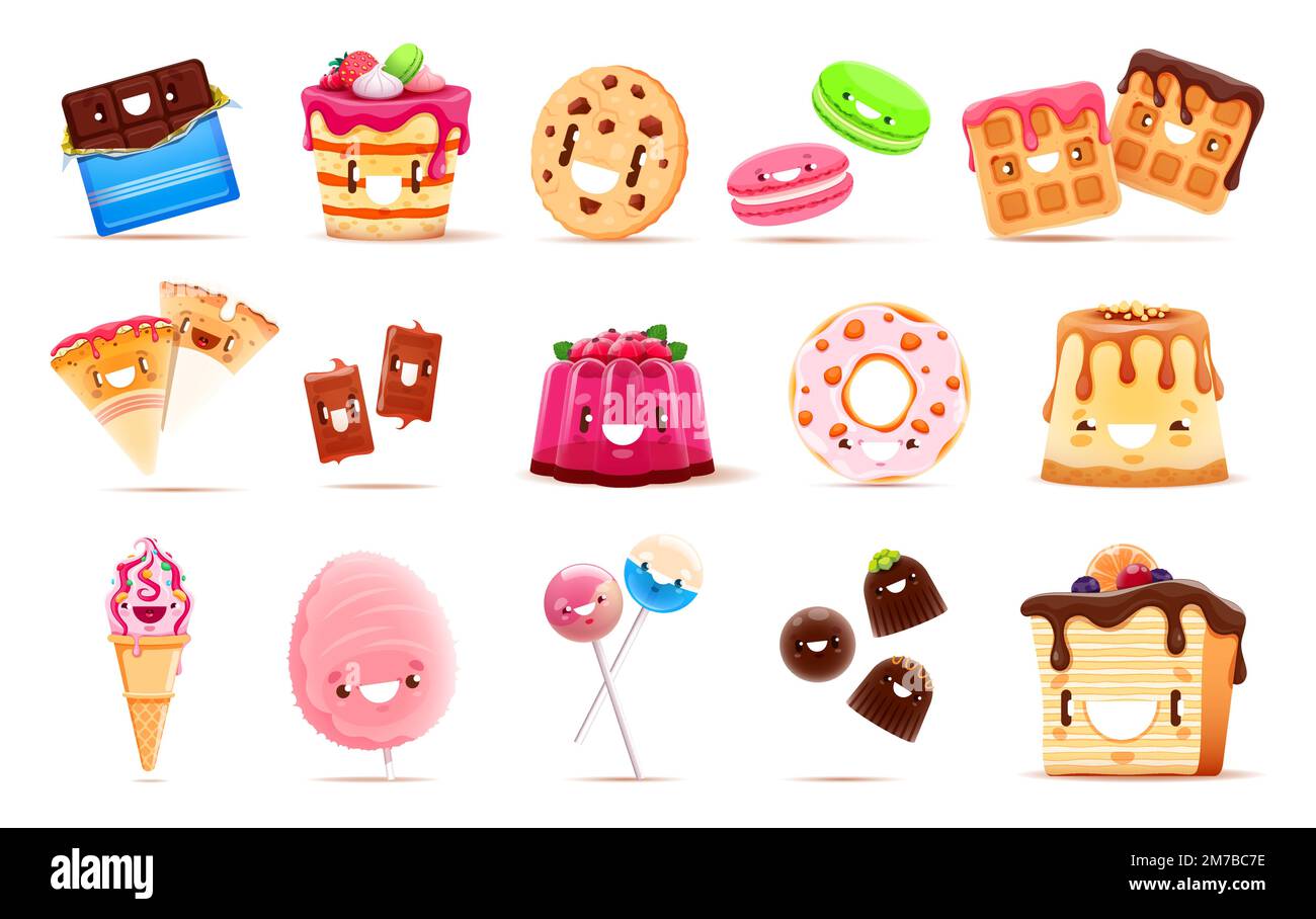 Cartoon-lustige Süßigkeiten, Desserts und Bäckereifiguren. Isolierter Vektor-Kawaii-Schokoriegel, Kuchen, Kuchen, Eis und Donut. Zuckerwatte, Lutscher, Pudding, Kekse oder Waffeln und Makronen Stock Vektor
