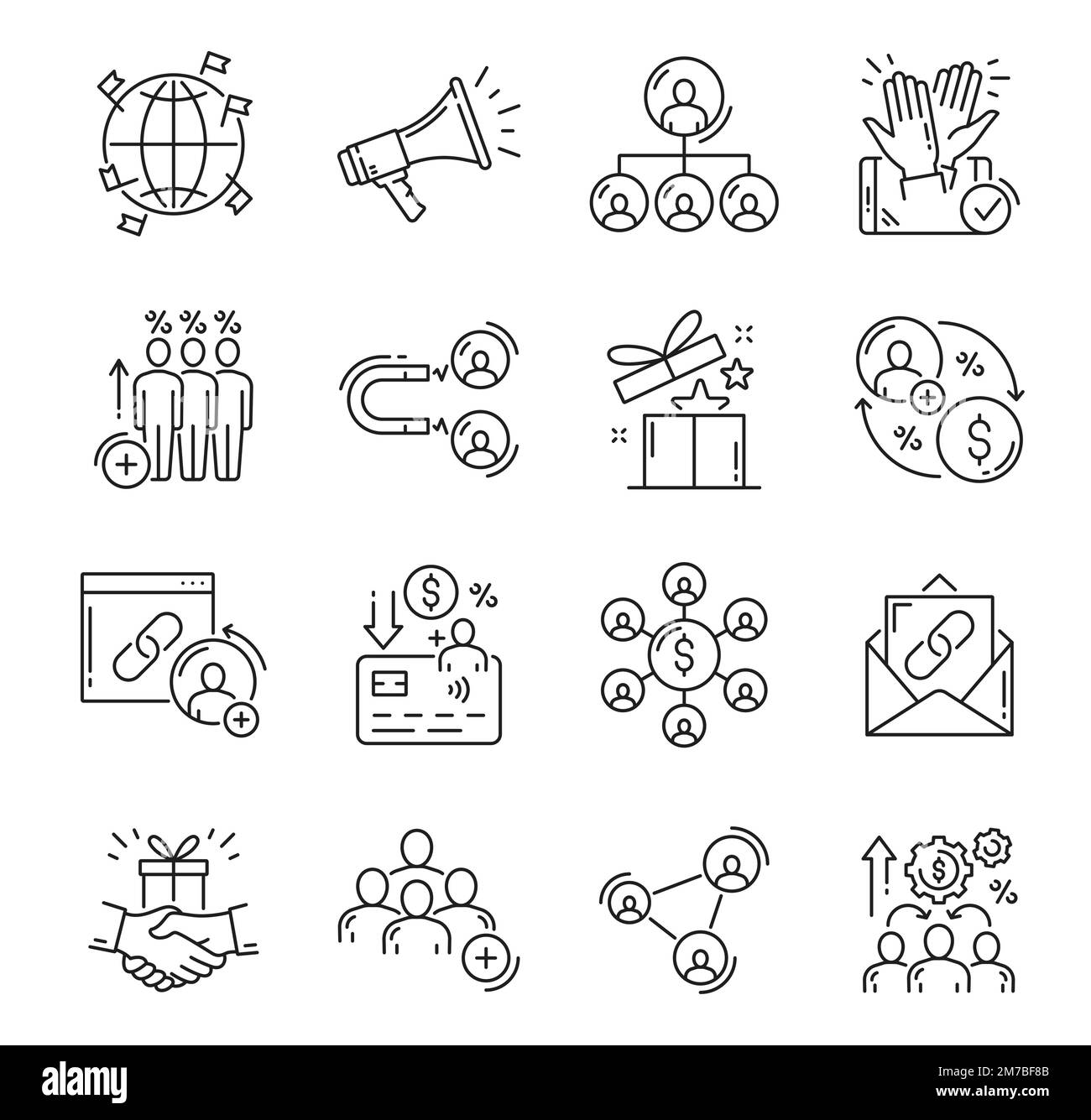 Symbole für Affiliate- und Empfehlungsprogramm. Marketingstrategie von Affiliate, Kundennetzwerk- und Vertriebsmanagement, Symbole für Empfehlungsbonus-Linien, Lautsprecher, Personen, Geschenkbox und Piktogramme für Geld Stock Vektor
