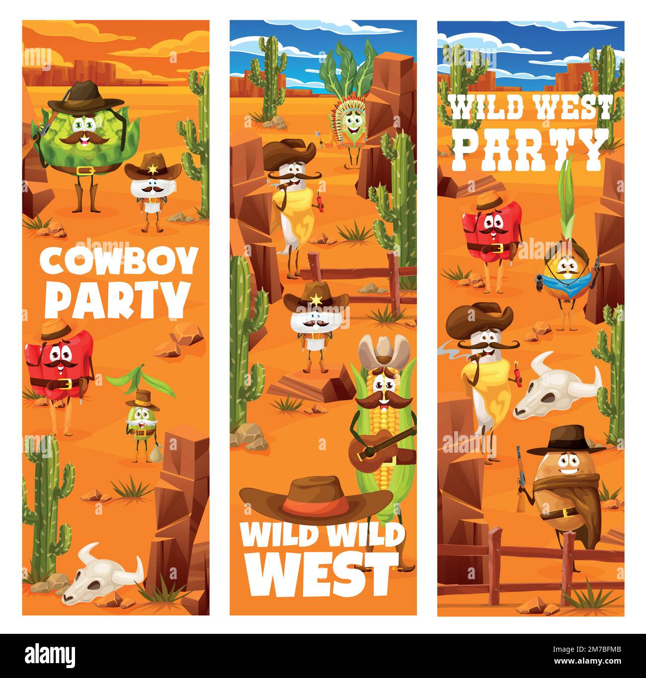 Wild West Cowboy Party, Cartoon Ranger, Bandit und Cowboy Gemüsefiguren. Vektorkarten mit lustigen westlichen Persönlichkeiten, Pilzen, Kohl, Paprika und Oliven, Rettich, Mais und Kartoffeln in der Wüste Stock Vektor