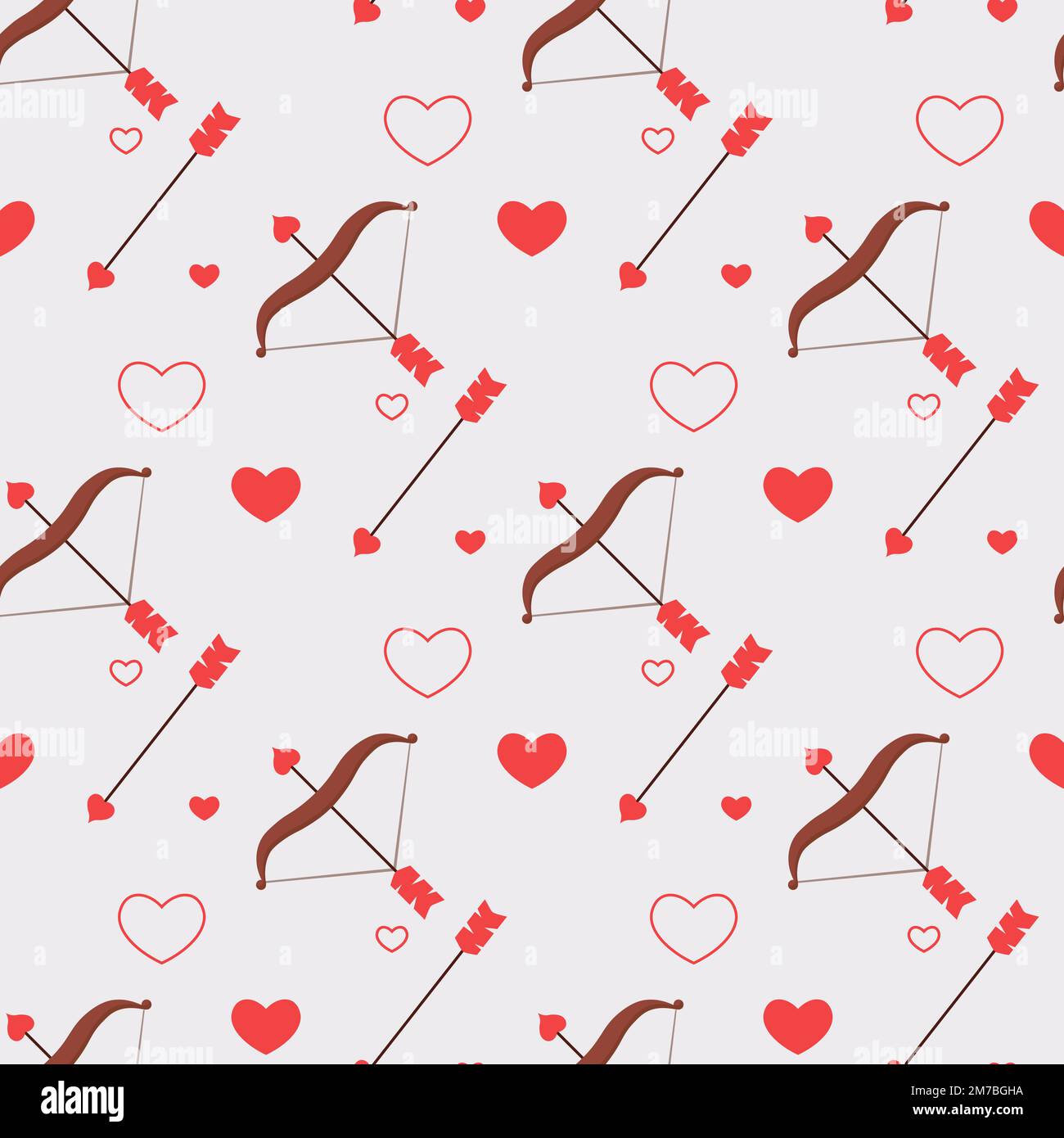 Romantisches, nahtloses Muster mit Bogen, Pfeil und Herzen. Valentinstag-Symbol. Vektorgrafik in einem niedlichen, flachen Stil Stock Vektor