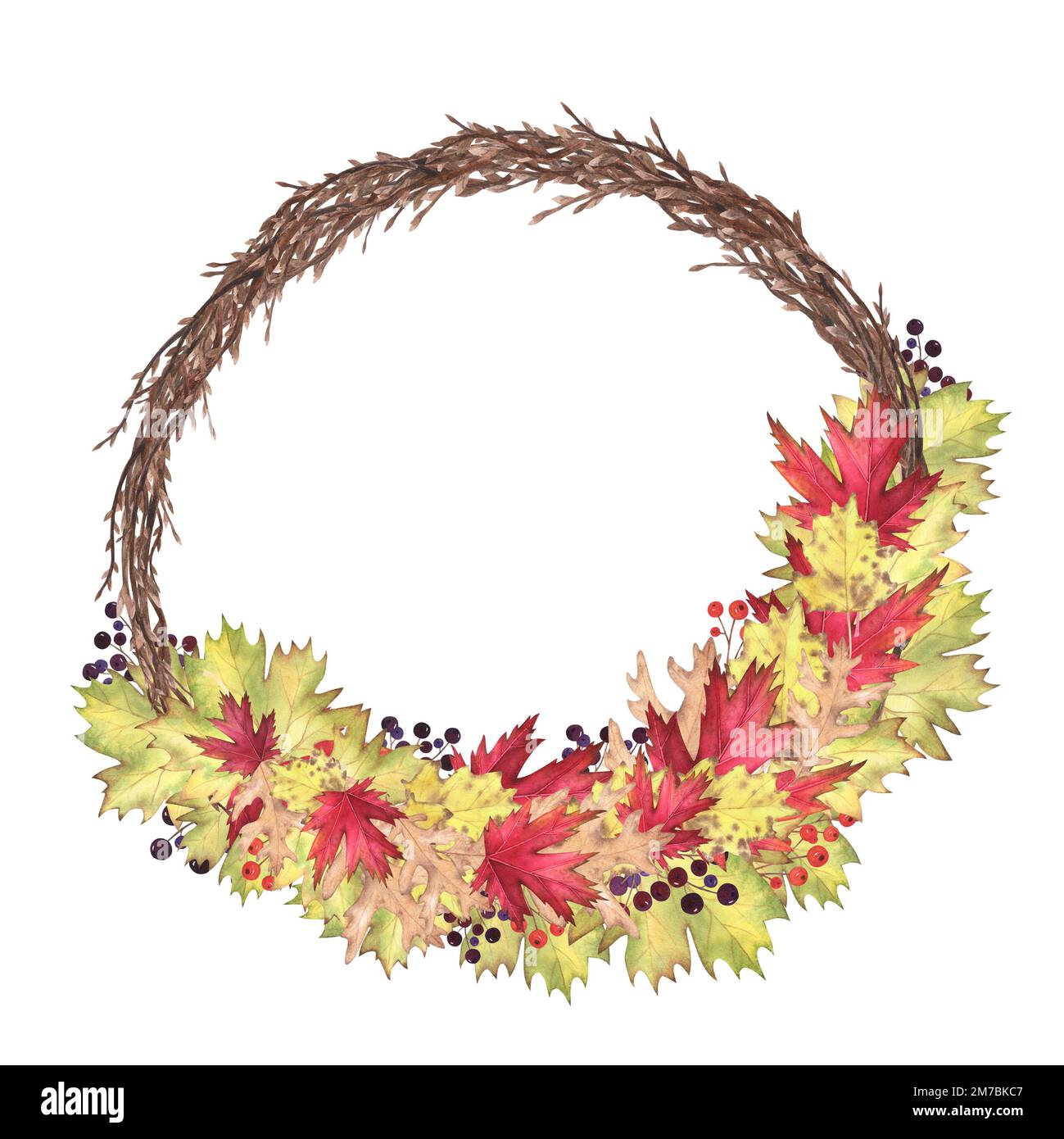 Weidenkranz mit Herbstzweigen und Blattapfel, Eiche, Pappel isoliert auf weißem Hintergrund. Zeichnungsdesign für Thanksgiving mit der Hand Stockfoto