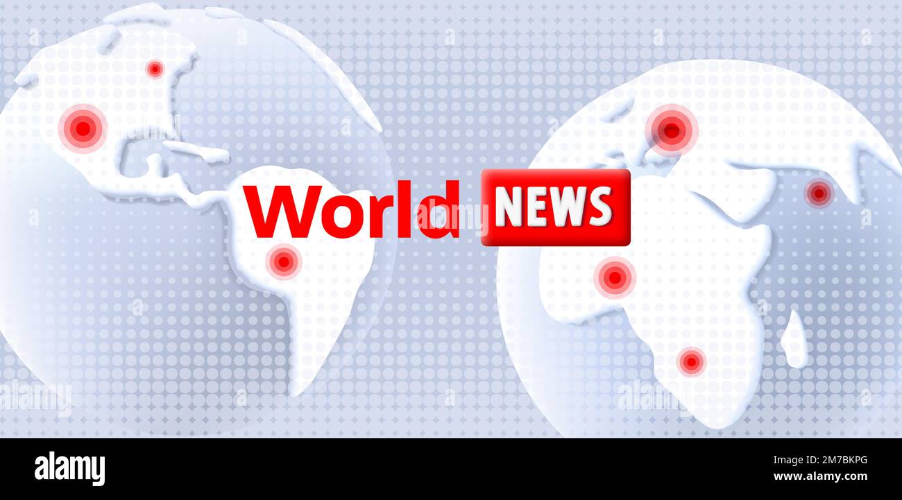 Bildschirmvorlage World News Spalsh mit 3D weißen und grauen Globen mit verschiedenen Kontinenten und rotem Zeiger in Städten Stock Vektor