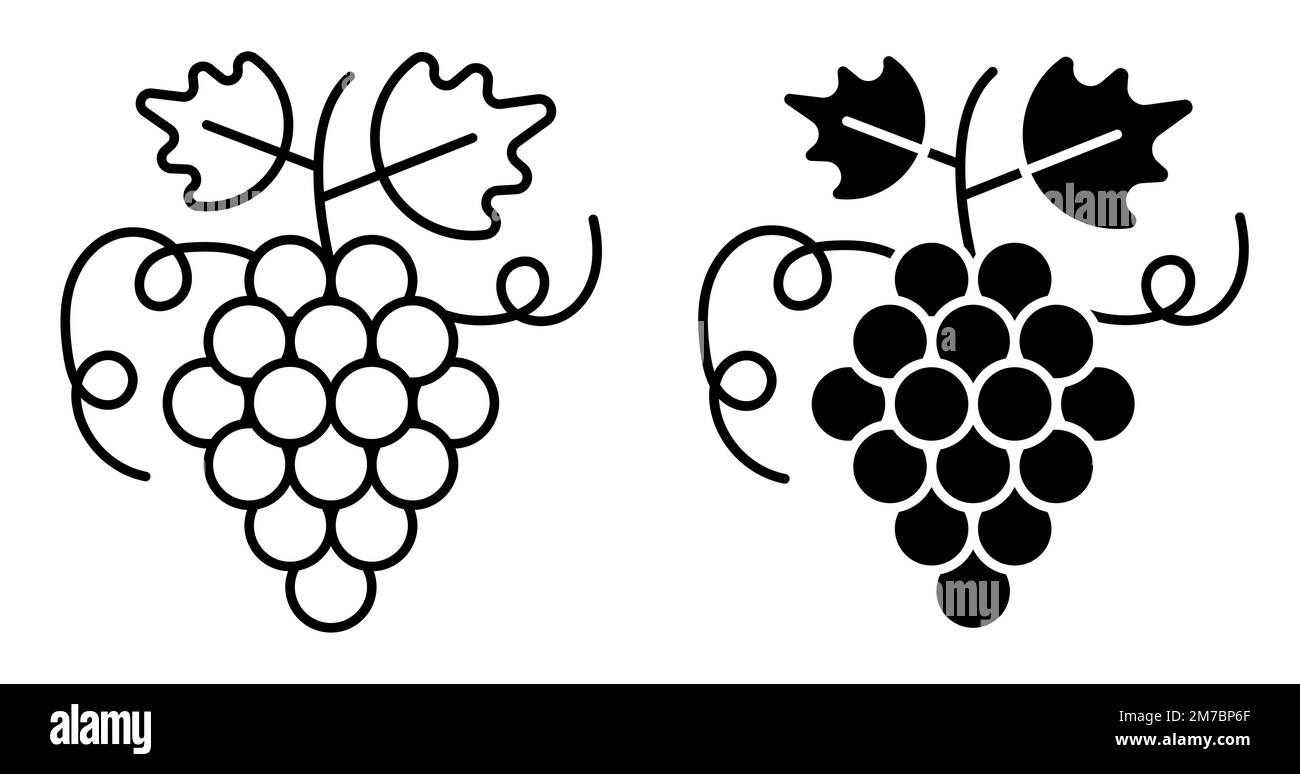 Lineare Ikone, saftige Trauben mit Blättern und Tendrils. Fruchtdiät und gesunde Ernährung. Einfacher schwarzweißer Vektor, isoliert auf weißem Hintergrund Stock Vektor