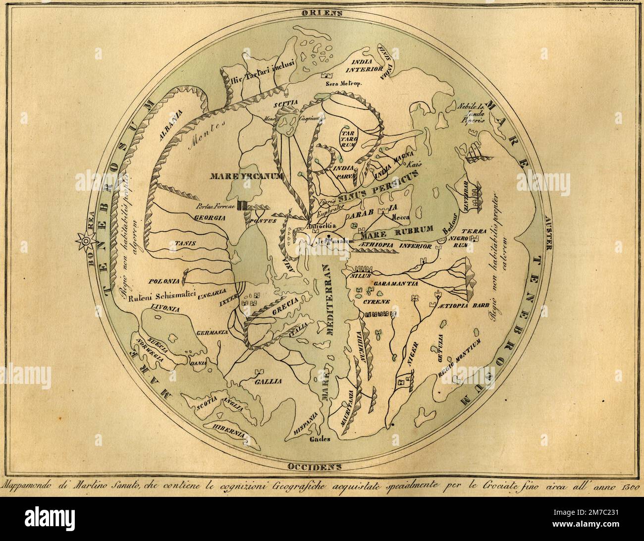 Martino Sanuto Globe mit den geografischen Kenntnissen, die für die Kreuzzüge um das Jahr 1300 erworben wurden, vom Marmocchi Atlas, Florenz, Italien 1838 Stockfoto