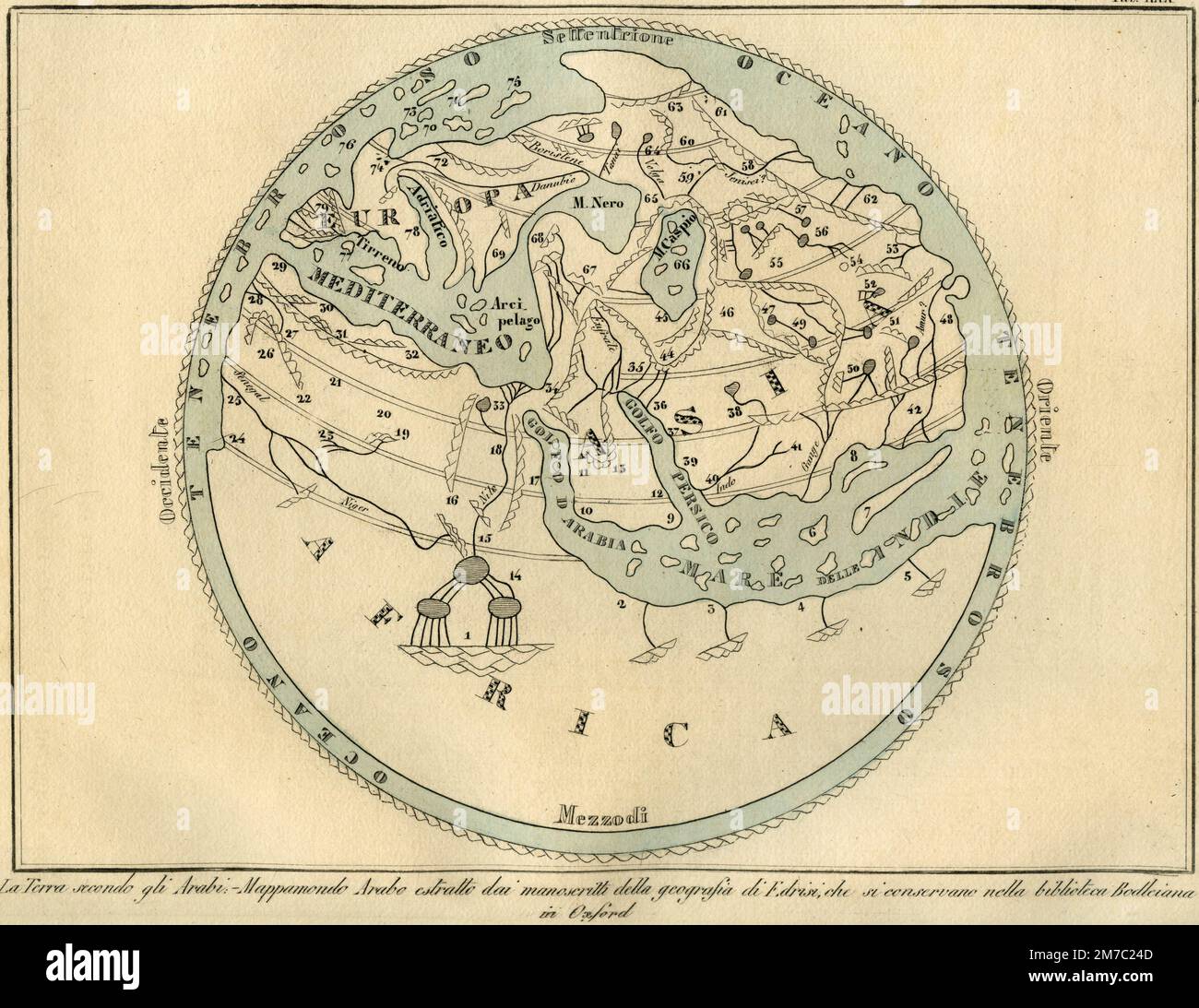 Der Globus laut Araberauszug aus Muhammad al-Idrisi, aus dem Marmocchi Atlas, Florenz, Italien 1838 Stockfoto