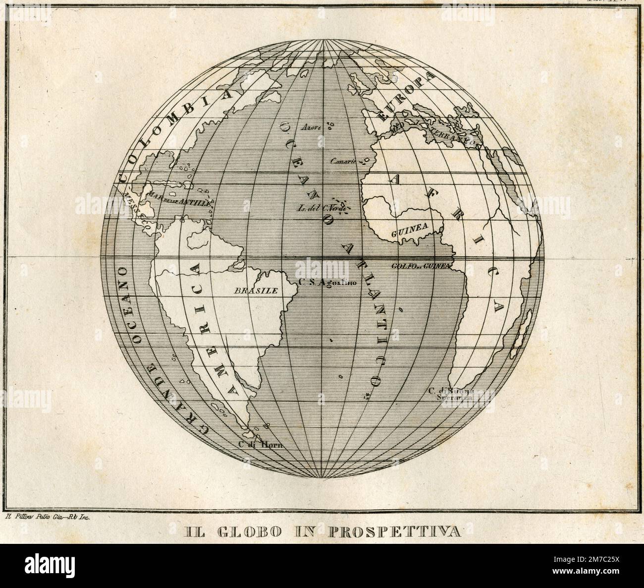 Der Globus aus der Perspektive, aus dem Marmocchi-Atlas, Florenz, Italien 1838 Stockfoto