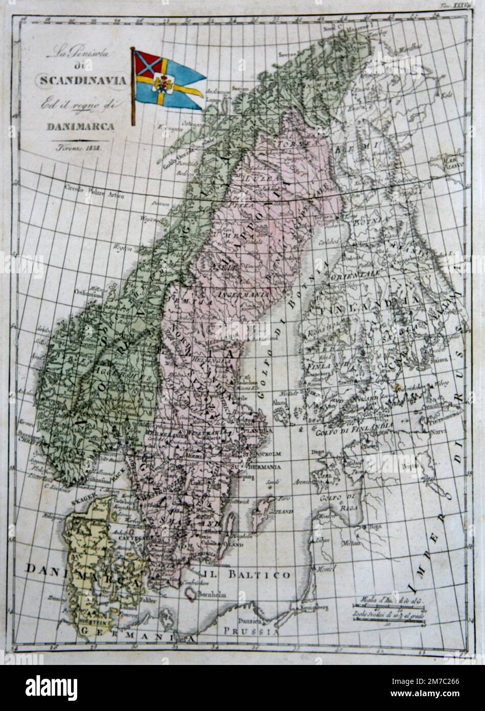 Karte der skandinavischen Halbinsel und des Königreichs Dänemark, Marmocchi Atlas, Florenz, Italien 1838 Stockfoto