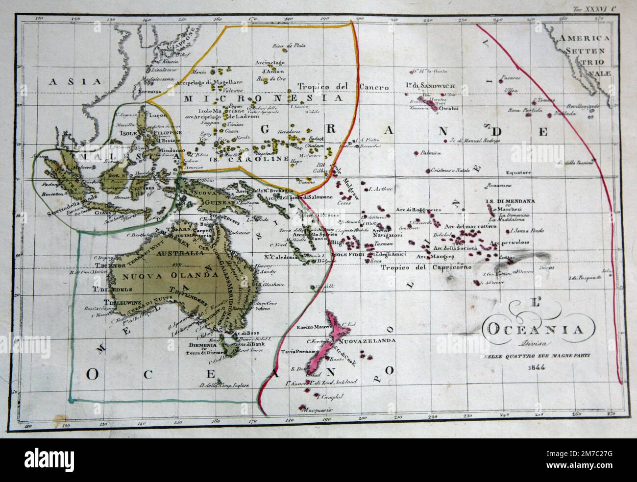 Karte von Ozeanien, unterteilt in vier große Teile, vom Marmocchi Atlas, Florenz, Italien 1844 Stockfoto