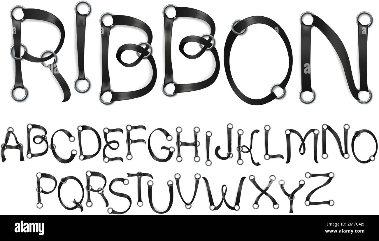 Schwarzes Band durch Ösen. Metallöse und Streifenschrift, realistische 3D Buchstaben für Vektorset mit Schriftzug Stock Vektor