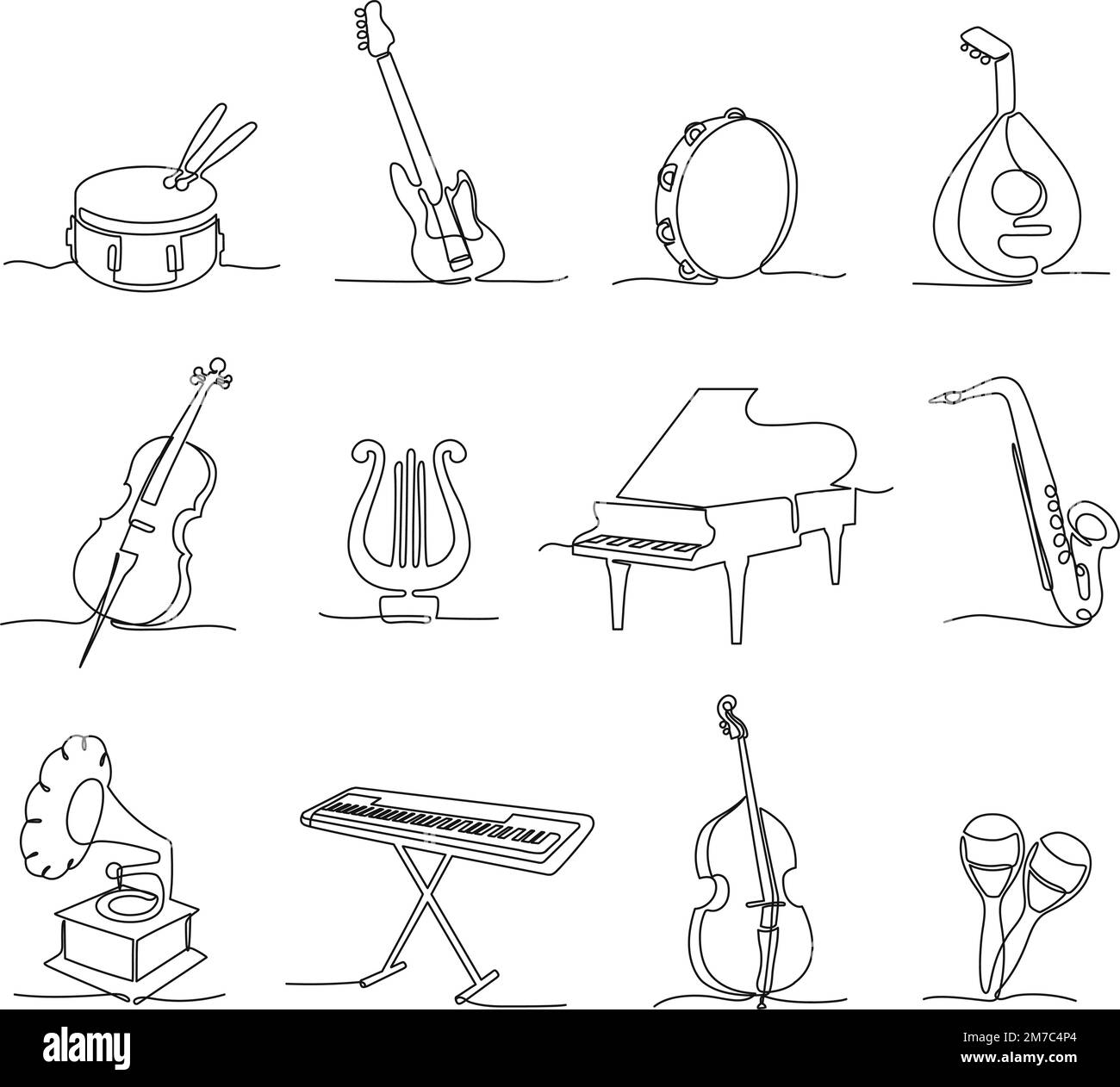 Musikinstrumente mit einer durchgehenden Linie. Instrumentalmusik, verschiedene Konzertgeräusche, Symbole, handgezeichnete Vektorbilder Stock Vektor