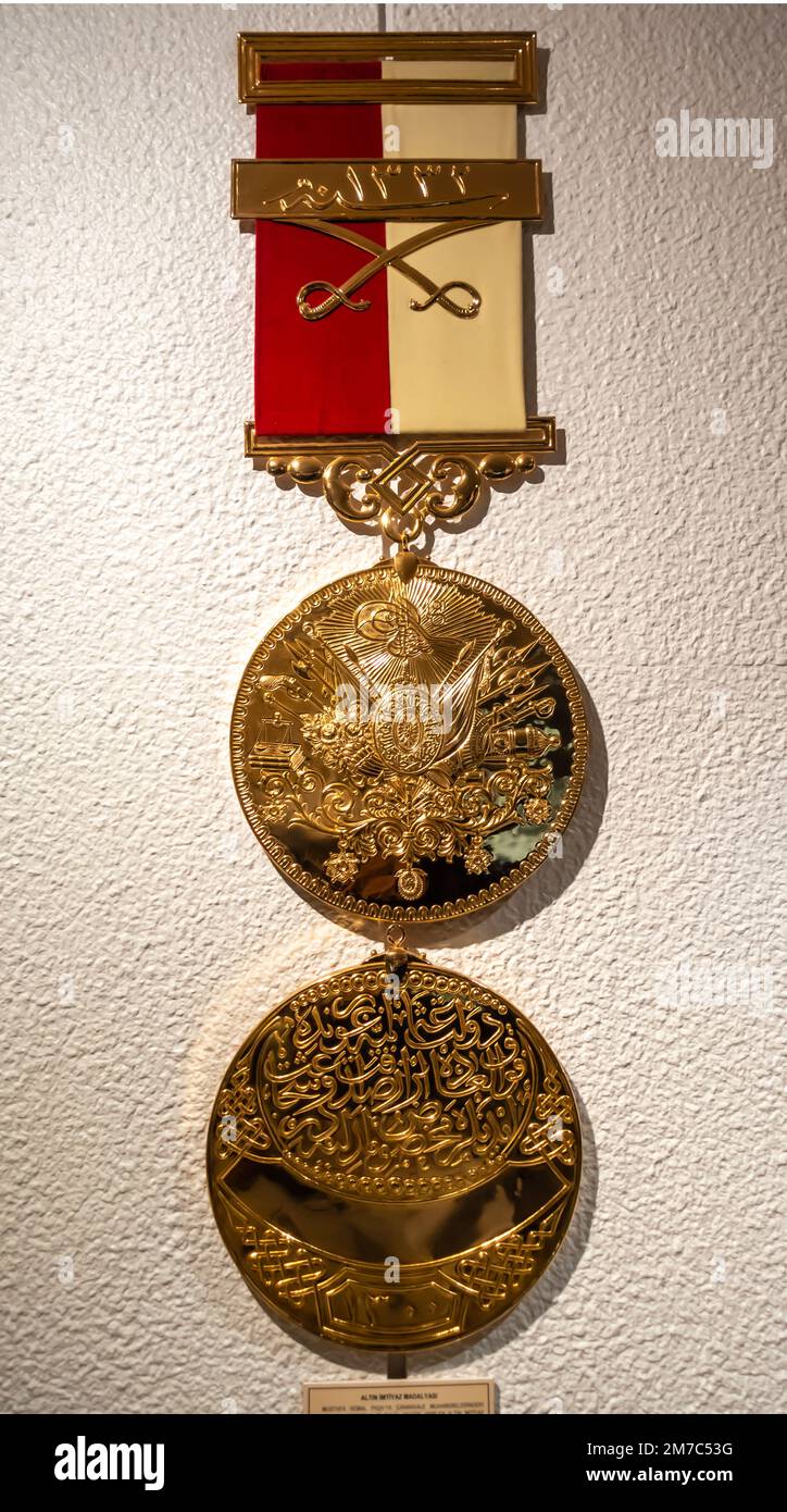 Die goldene Medaille des Privilegs, die Mustafa Kemal Pasha Atatürk 1917 verliehen wurde, September 23 für Erfolge in der Schlacht von Canakkale. Atatürk Museum Ankara Stockfoto