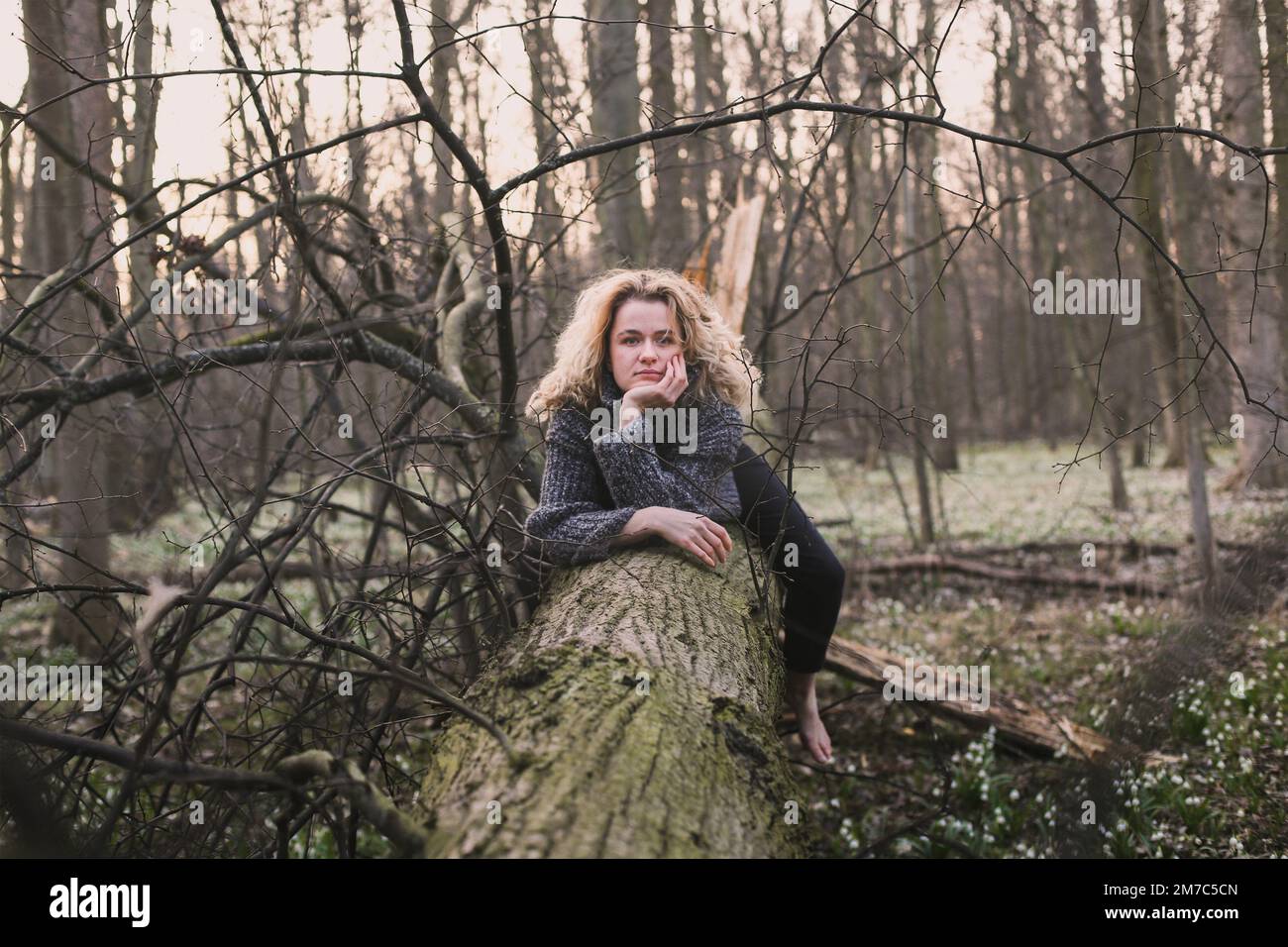 Blonde Frau, die auf einem großen gefallenen Baum sitzt, malerische Fotografie Stockfoto