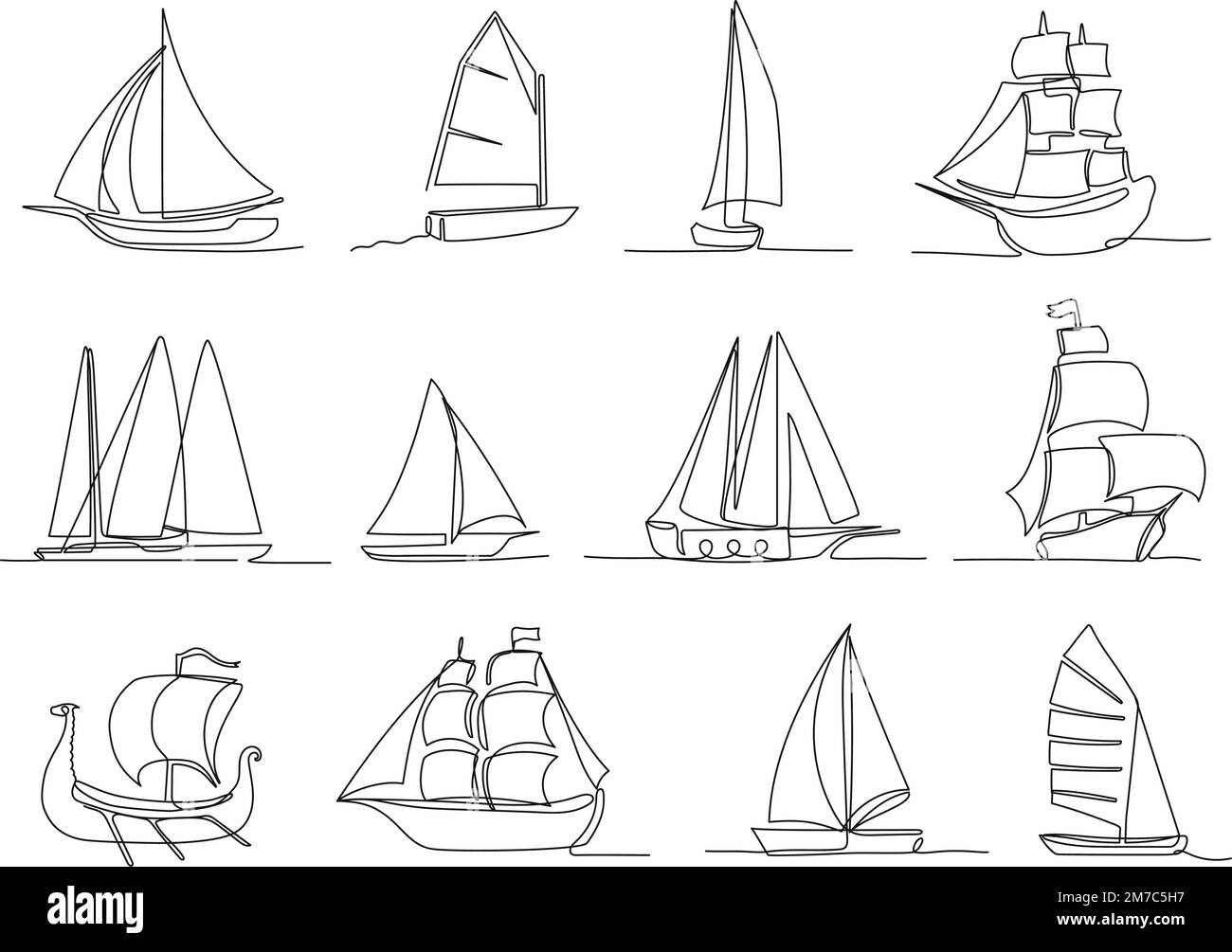 Ein durchgängiges Segelschiff. Handgezeichnete verschiedene Arten von Segelbooten, Schiffen und Segelyacht isoliertes Vektorbildungs-Set Stock Vektor
