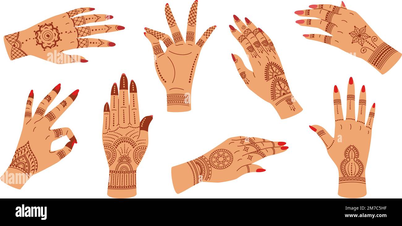 Mehndi-Zeremonie-Hände. Elegante Frauenhand mit indischen Mustern, Henna-Tattoo. Handgesten mit Blumenornamenten Vektorbildungs-Set Stock Vektor