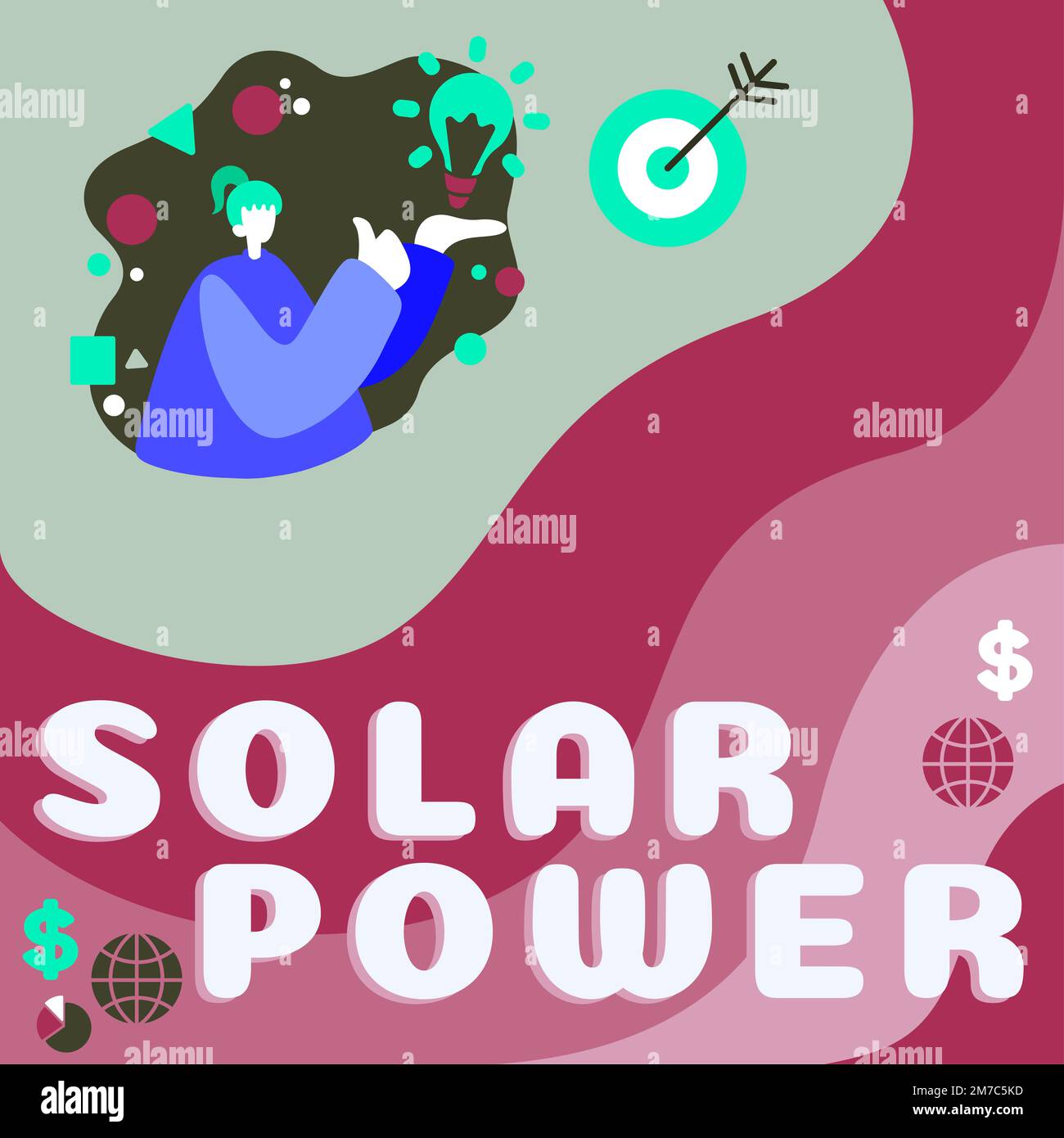 Konzeptüberschrift Solarenergie. Das Wort für den Strom, der durch die Sonnenenergie erzeugt wird Stockfoto