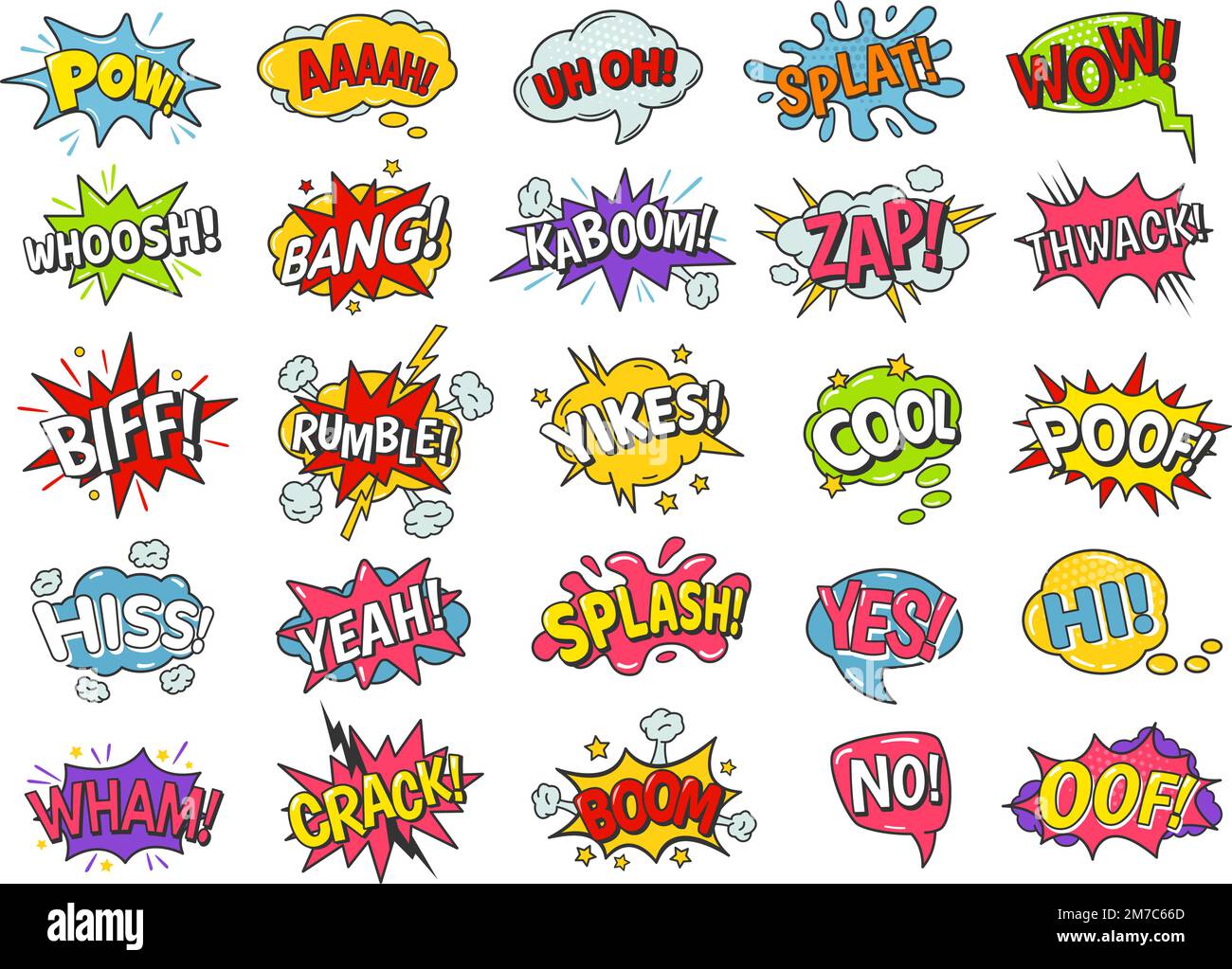 Comicbuch-Blasen. Cartoon-Sprechballons mit Boom-Bang-Explosion, Platsch- und Puff-, Rumpel- und Wham-Effekten. Komische Textvektorgruppe Stock Vektor