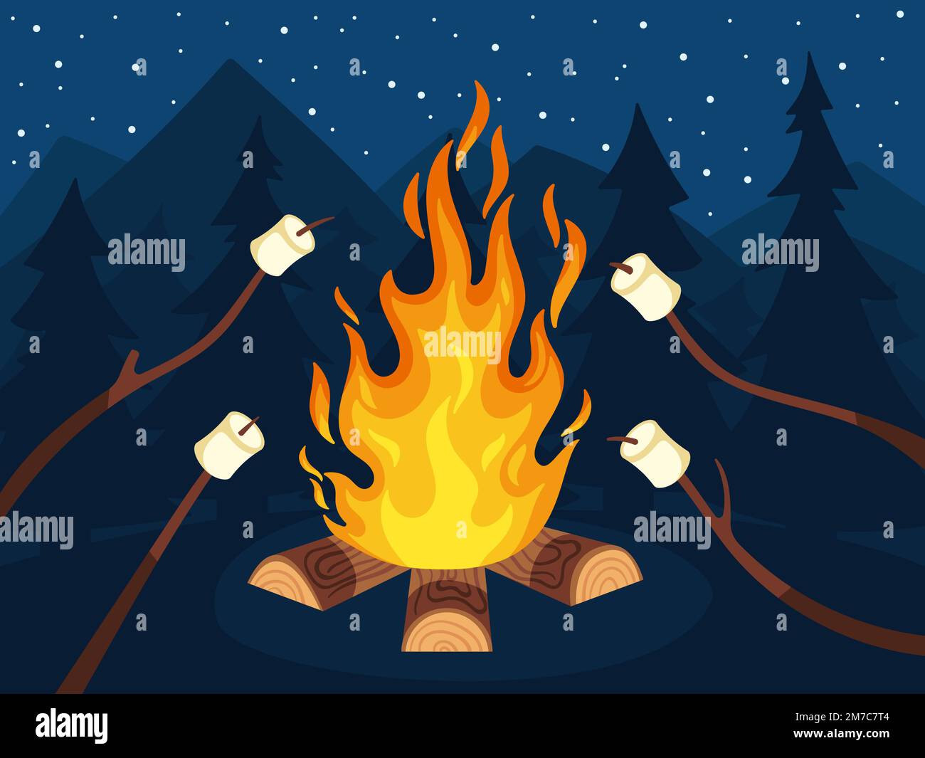 Lagerfeuer mit Marshmallow. Pfadfinder-Camping-Essen, Marshmallows auf Stäbchen und Freunde reisen mit einem Comic-Vektorfilm am Lagerfeuer Stock Vektor