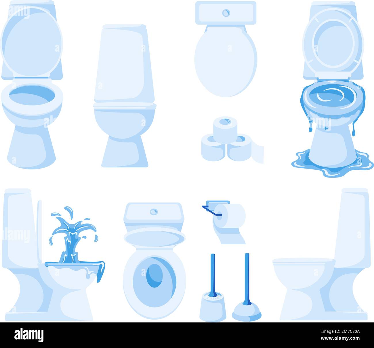 Cartoon-Toilette in Weiß. Keramikpfanne in verschiedenen Winkeln, Toilettenpapier und Bürste. WC-Vektorbildungs-Set Stock Vektor