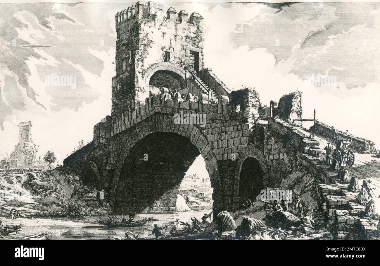 Blick auf Ponte Salario Brücke, Illustration, Rom, Italien 1800er Stockfoto