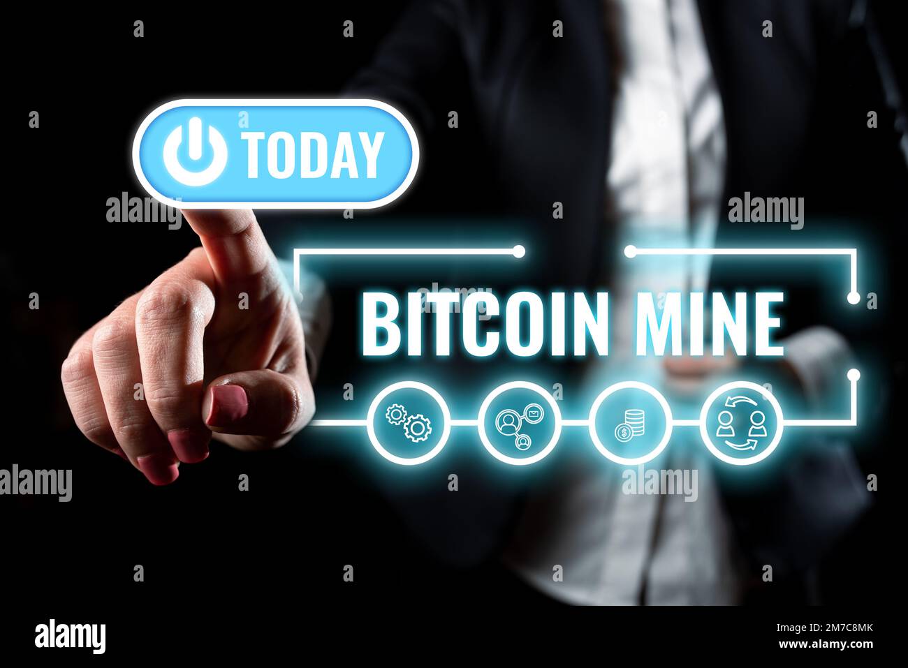 Schreiben mit Text Bitcoin Mine. Geschäftsansatz Verarbeitung von Akquisitionen und Transaktionen im digitalen Währungssystem Stockfoto