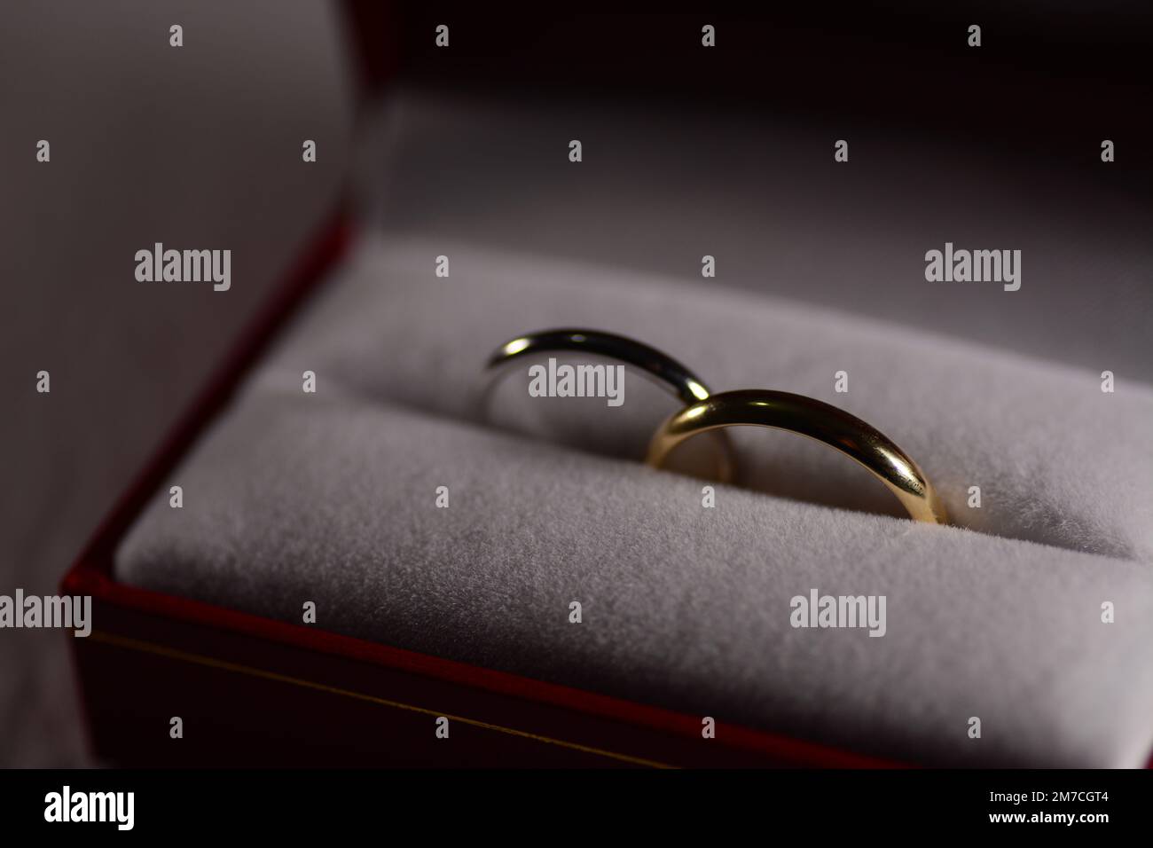 Zwei Eheringe, einer aus gelbem Gold und der andere aus weißem Gold in einem weichen roten Kasten Stockfoto